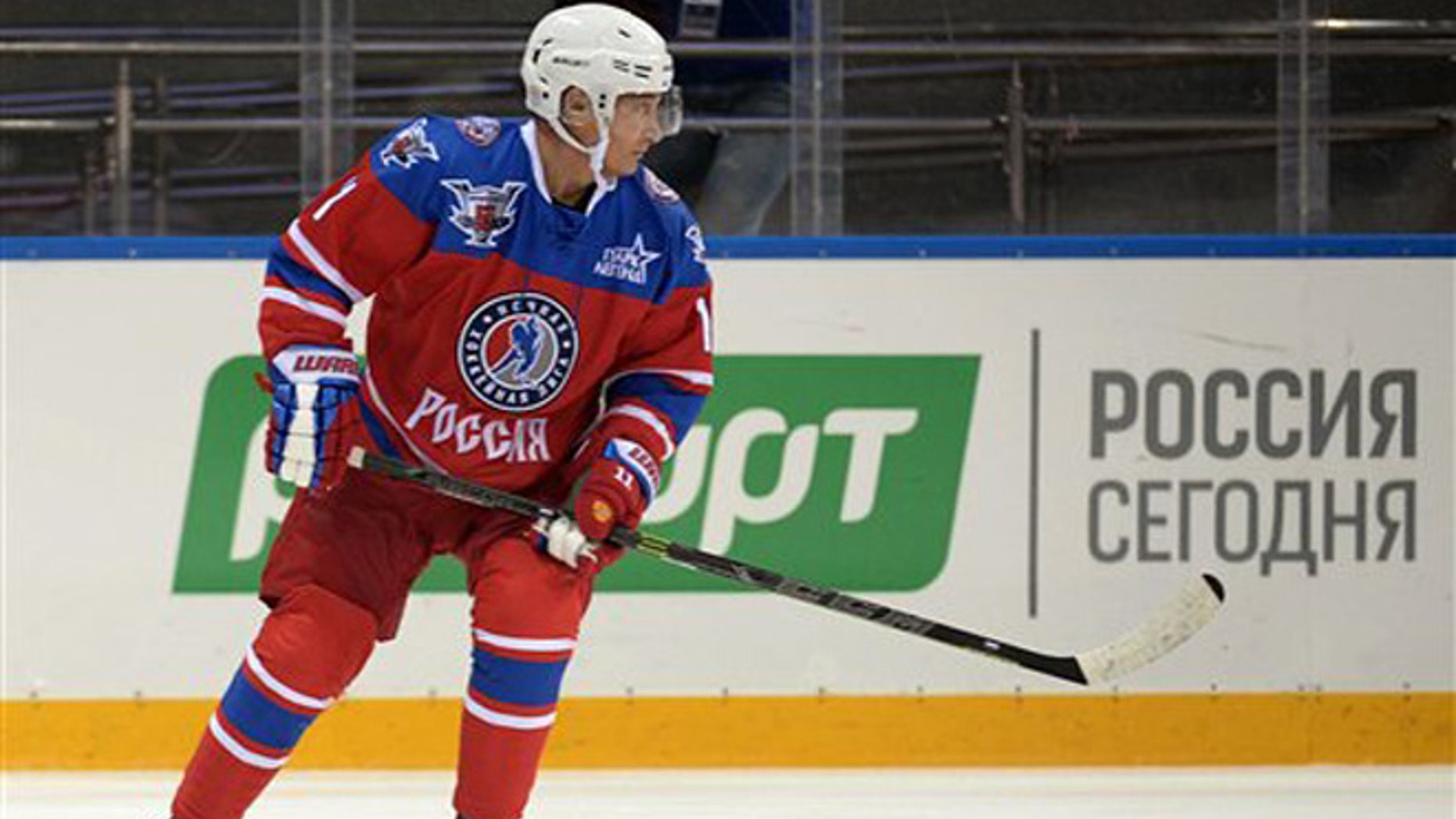 Oct. 7, 2015: Russian President Vladimir Putin takes part in an ice hockey match between former NHL stars and officials at the Shayba Arena in the Black Sea resort of Sochi, Russia. Putin spent his 63rd birthday on the ice, playing hockey with NHL stars against Russian officials and tycoons.