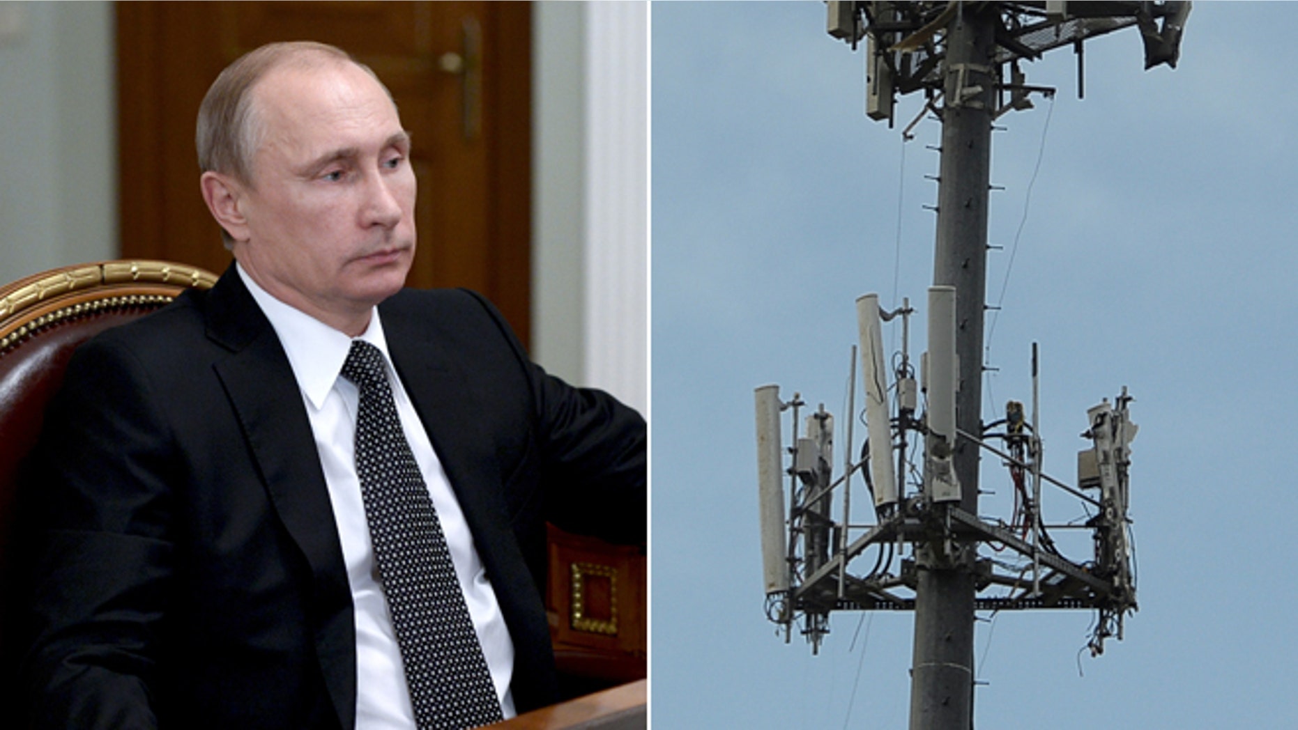 This Monday, Jan. 19, 2015 photo shows Russian President Vladimir Putin during a meeting outside Moscow, Russia and this May 21, 2013 file photo shows cell phone tower stands in Moore, Oklahoma.
