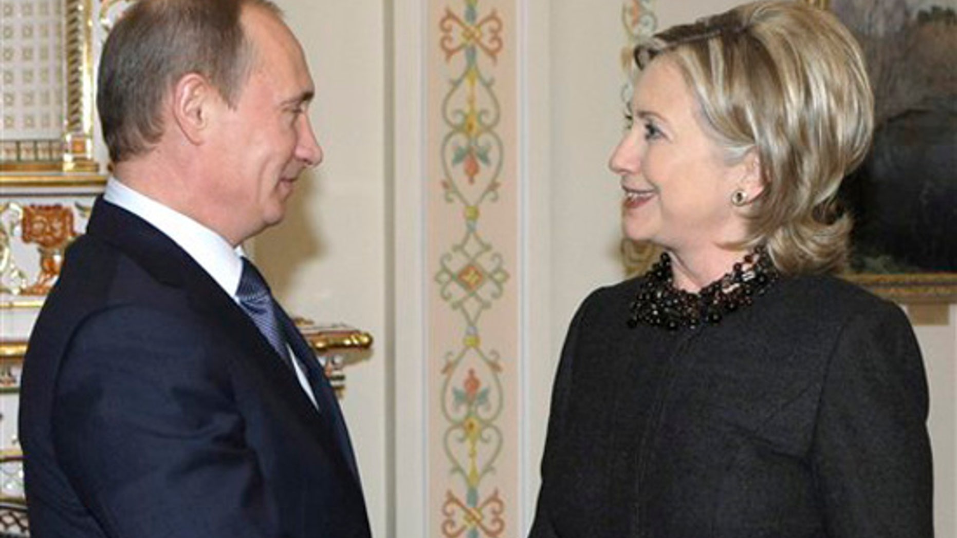 Russian Prime Minister Vladimir Putin, left, greets U.S. Secretary of State Hillary Rodham Clinton during a meeting at the Novo-Ogaryovo just outside Moscow, Friday, March 19, 2010. (AP)