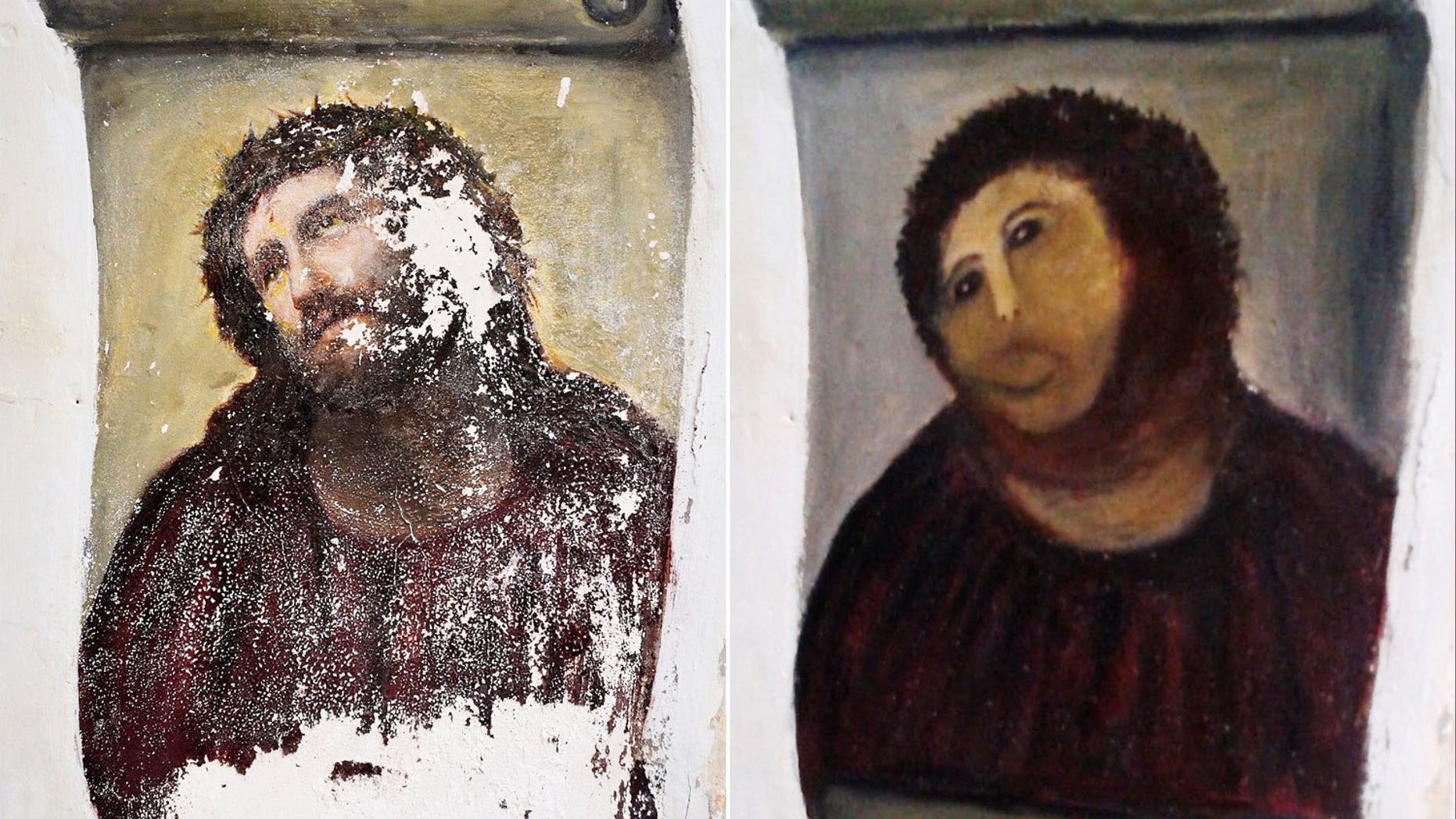 “Ecce Homo” before (left) and after its 2012 restoration.