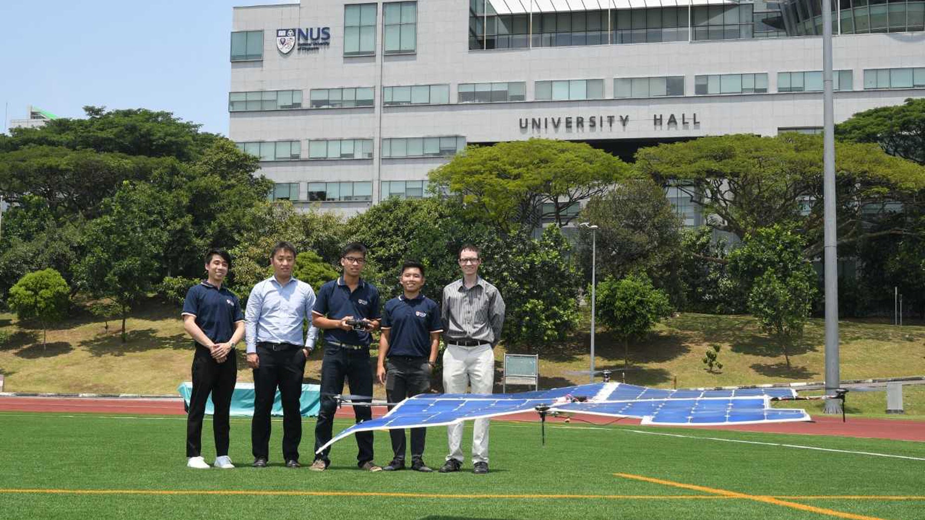 The quadcopter drone developed by the NUS Engineering team can be powered solely by sunlight and has flown above 10 meters in test flights. (Credit: National University of Singapore)