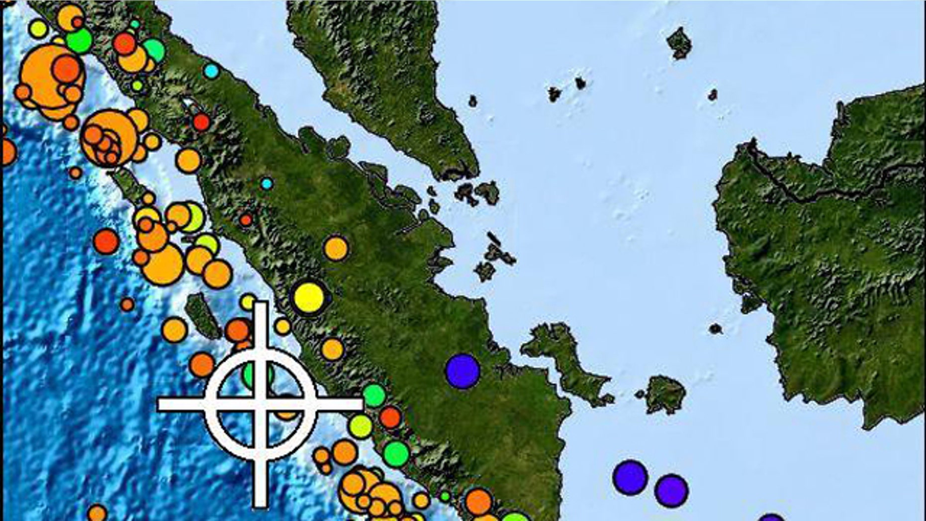 Circles indicate the magnitude and colors indicate the depth of earthquakes off the coast of Indonesia in this NOAA map. Red colors indicate shallower quakes, while green through purple indicate deeper quakes less likely to lead to a tsunami.