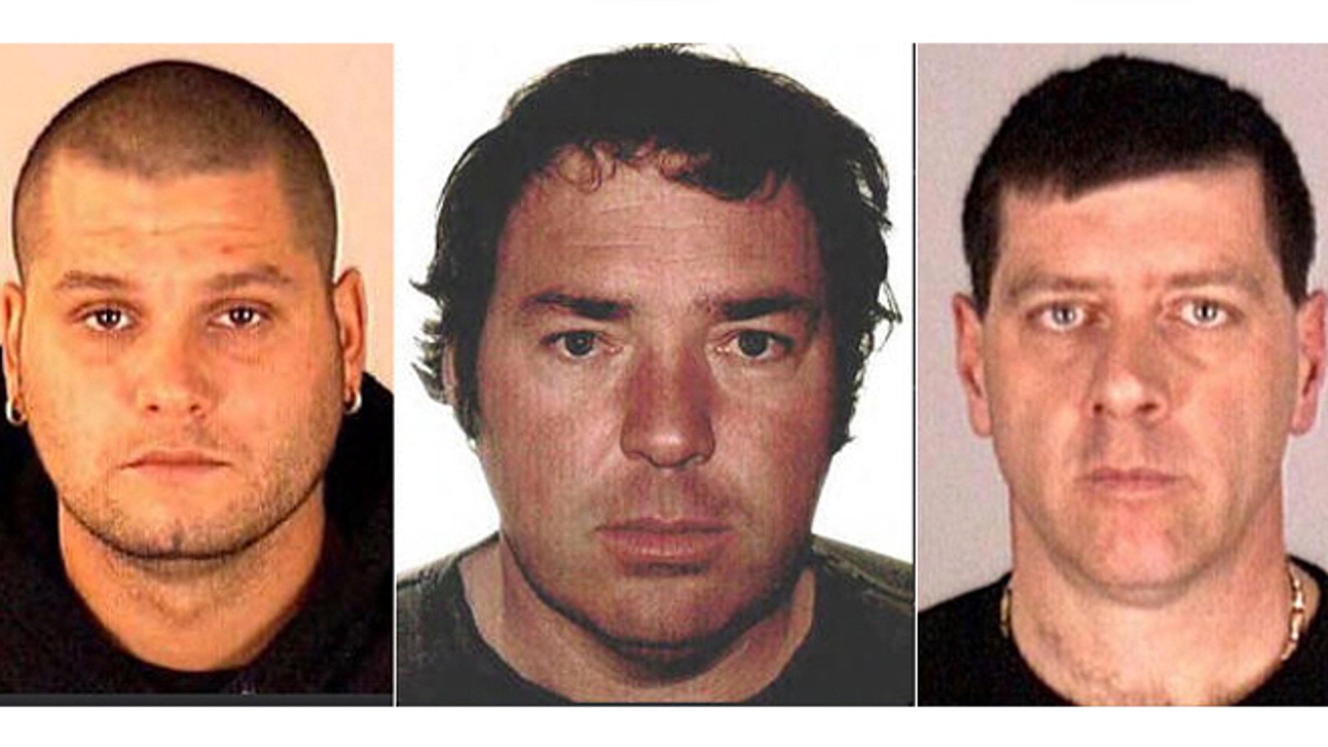 June 22, 2014: These images provided by Interpol show Yves Denis, 35, left, Serge Pomerleau, 49, center and Denis Lefebvre, 53, in undated police handout photos. The three inmates, who escaped a jail near Quebec City by helicopter on June 7, were arrested at a home in Montreal, Quebec provincial police said.