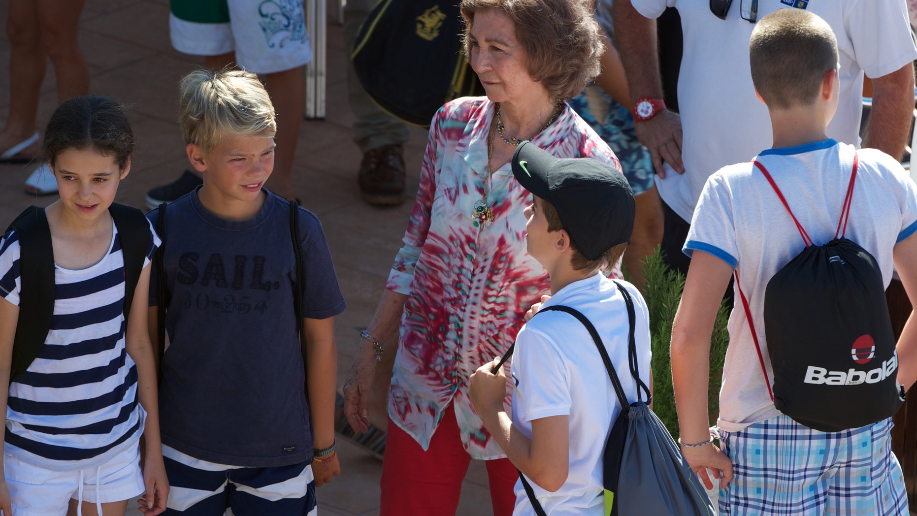MALLORCA, SPAIN - JULY 29: Queen Sofia of Spain (C) and her grandsons (L-R) Victoria Federica Marichalar, Pablo Nicolas Urdangarin, Miguel Urdangarin and Juan Valentin Urdangarin arrive at Calanova Sailing School on July 29, 2013 in Palma de Mallorca, Spain. (Photo by Carlos Alvarez/Getty Images)