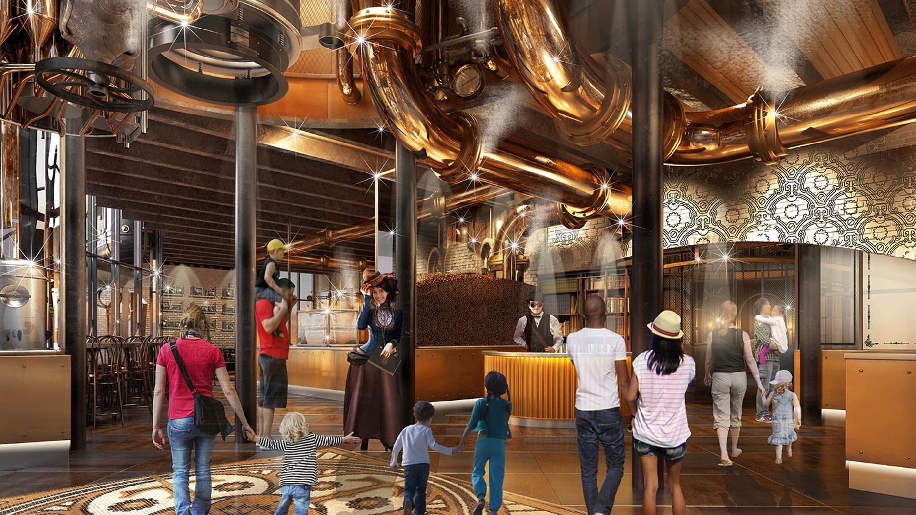 Inside Willy Wonka's steampunk chocolate factory restaurant.