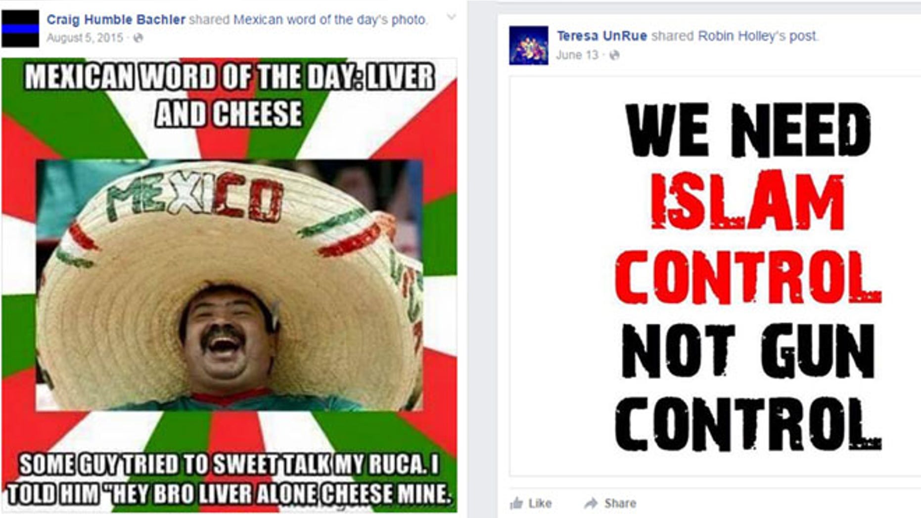 This combo shows two examples of some of the social media postings by Trump campaign staff members discovered by the Associated Press in an online search. Trumpââ¬â¢s paid campaign staffers have declared on their personal social media accounts that Muslims are unfit to be U.S. citizens, mocked how Mexicans talk, called for Secretary of State John Kerry to be hanged and stated their readiness for a possible civil war, according to a review by The Associated Press of their postings.(AP Photo)