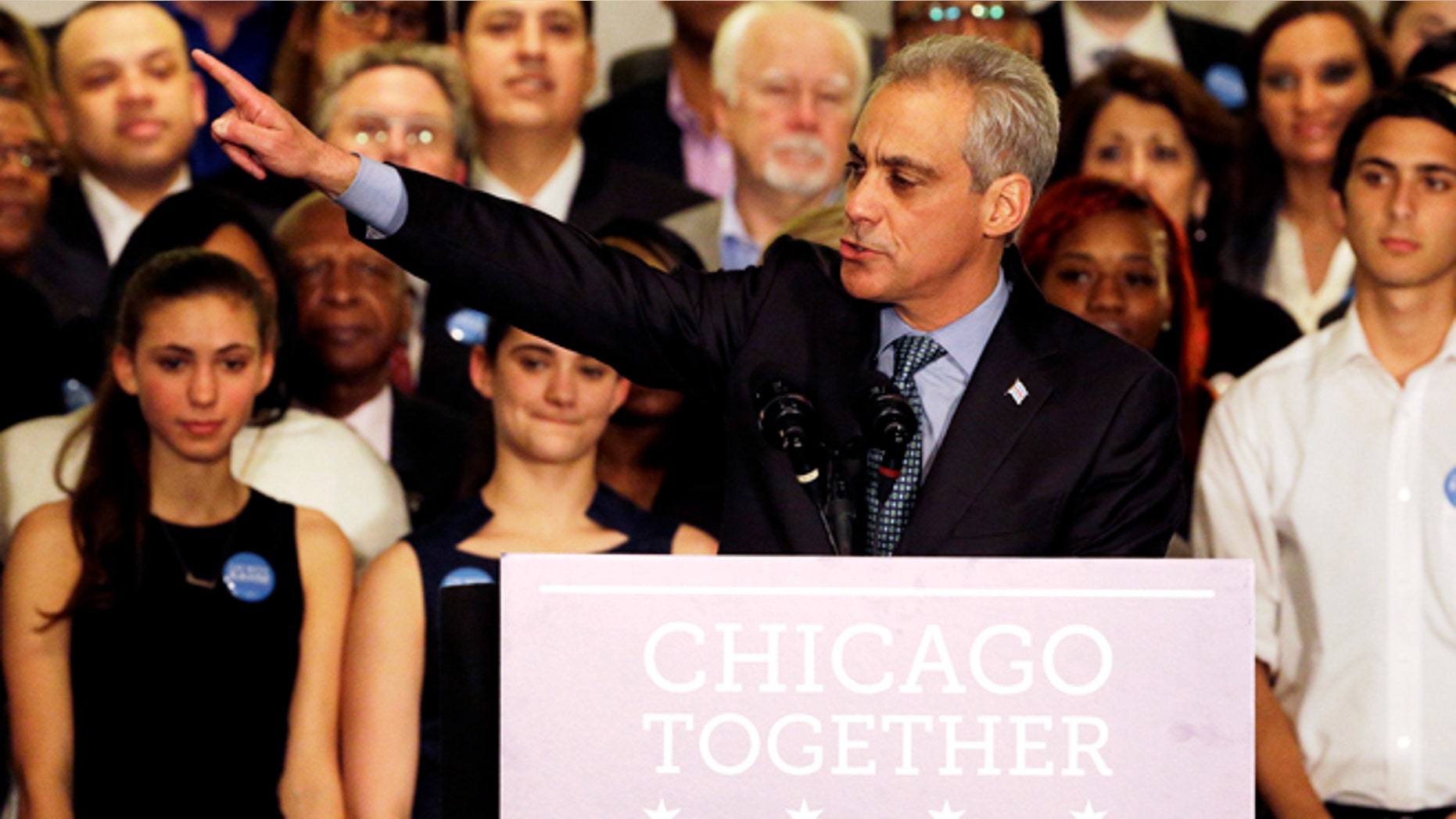 April 7, 2015: Chicago Mayor Rahm Emanuel points as he speaks on election night at Plumbers Local 130 Union Hall.