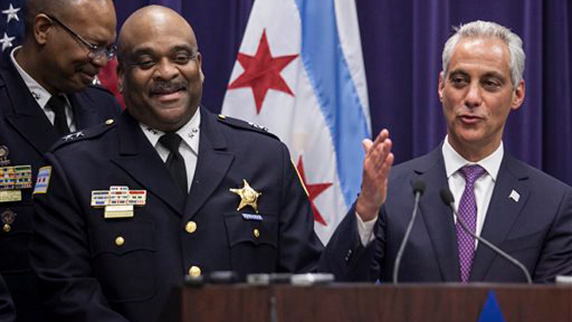 Mayor Rahm Emanuel, (r.) named Eddie Johnson, (l.) interim superintendent of the Chicago Police Department last month.