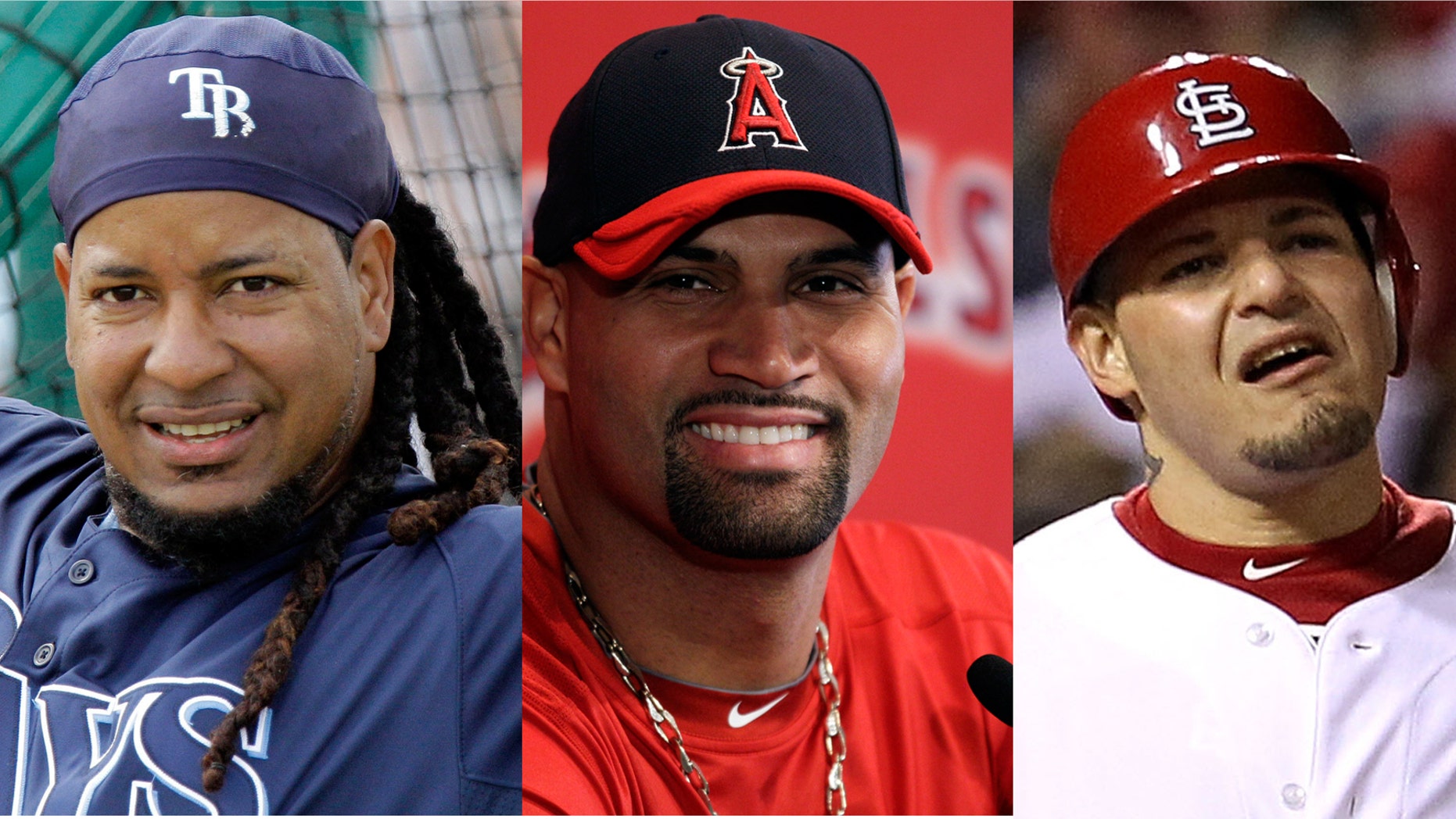 Manny Ramirez (L), Albert Pujols (C) and Yadier Molina (R).