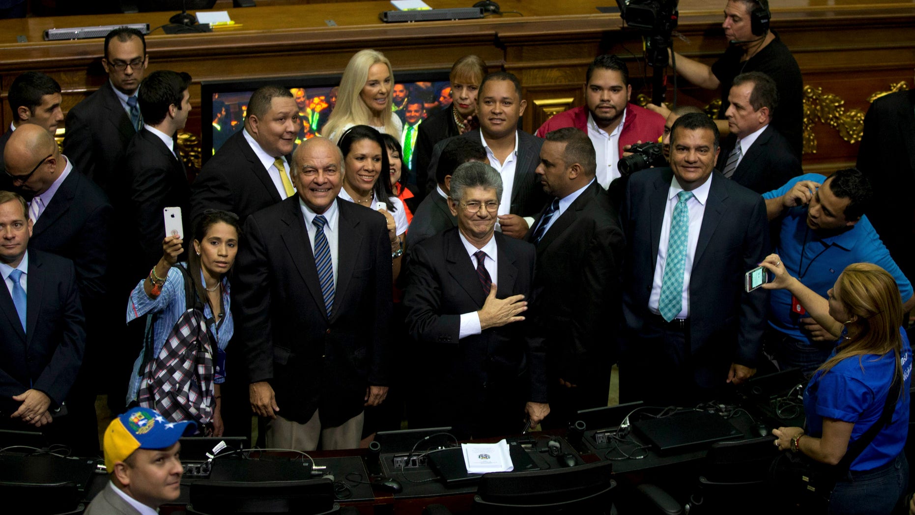 Henry Ramos Allup upon his arrival to the National Assembly in Caracas, Tuesday, Jan. 5, 2016.