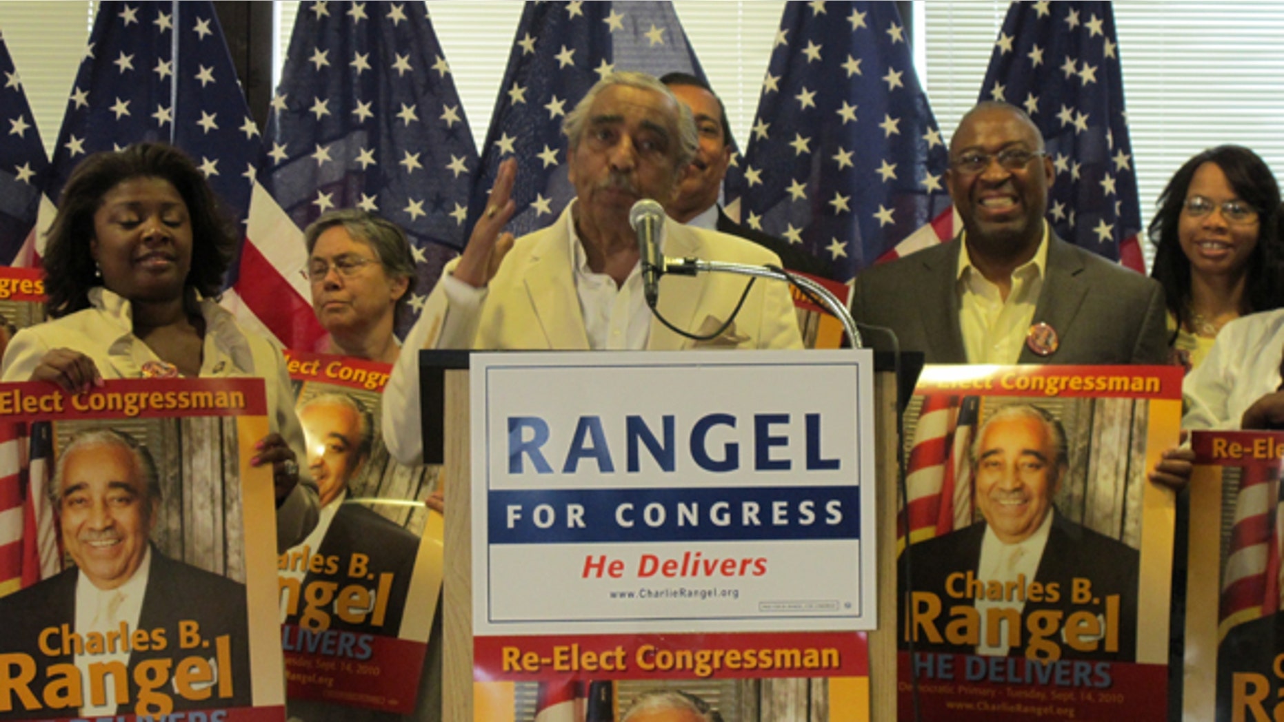 Rep. Charlie Rangel, surrounded by supporters, holds a press conference addressing the pending ethics allegations against him. (FNC)