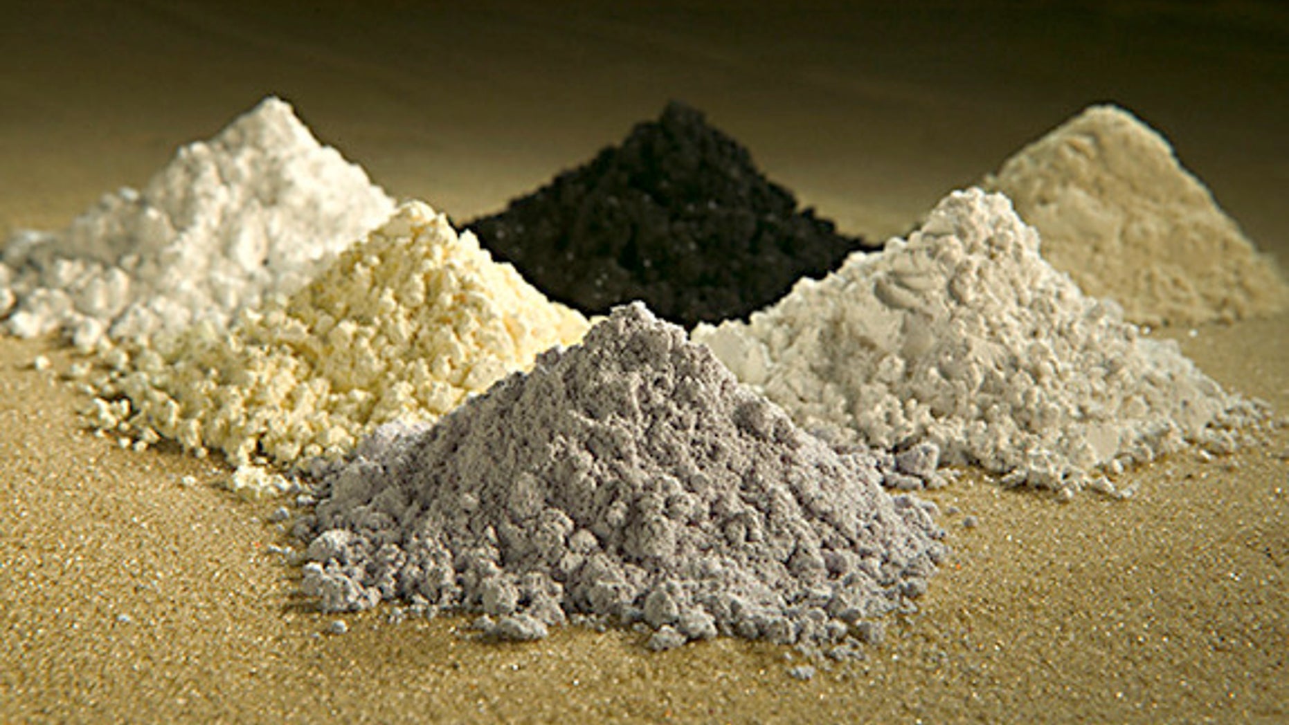 Rare Earths, clockwise from top center: praseodymium, cerium, lanthanum, neodymium, samarium and gadolinium.