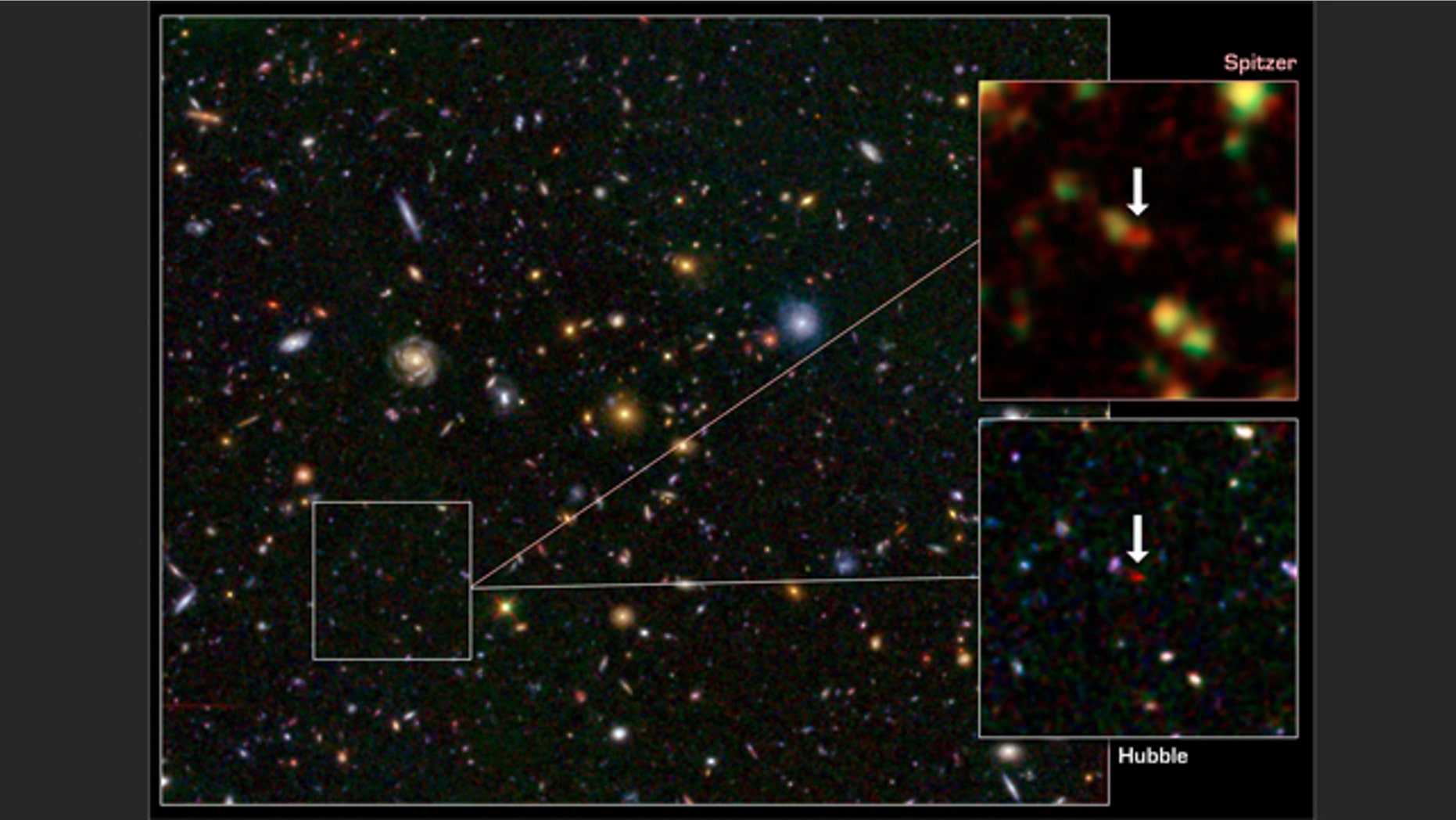 This image from the Hubble and Spitzer space telescopes shows one of the most distant galaxies known, called GN-108036, dating back to 750 million years after the Big Bang that created our universe. The galaxy's light took 12.9 billion years to reach us.