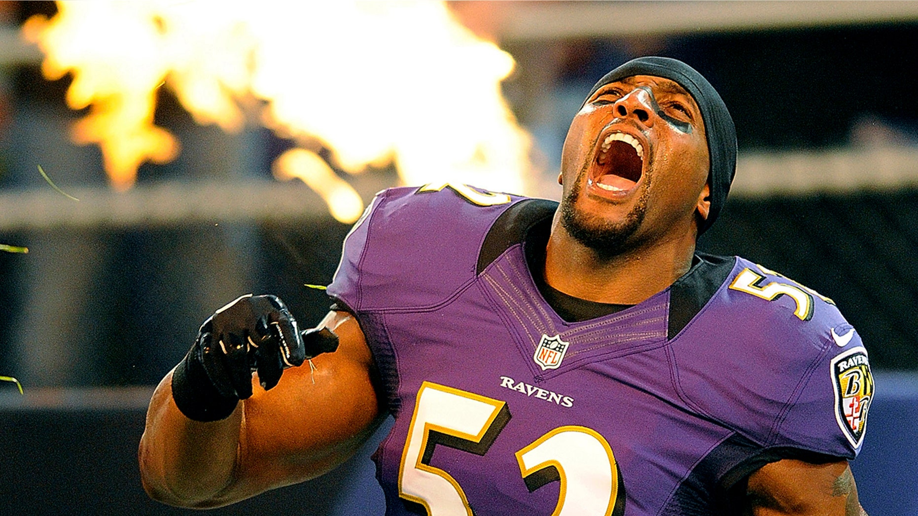 FILE - In this Aug. 17, 2012, file photo, Baltimore Ravens linebacker Ray Lewis reacts as he is introduced before an NFL preseason football game against the Detroit Lions in Baltimore. Lewis was elected to the Pro Football Hall of Fame on Saturday, Feb. 3, 2018. (AP Photo/Nick Wass, File)