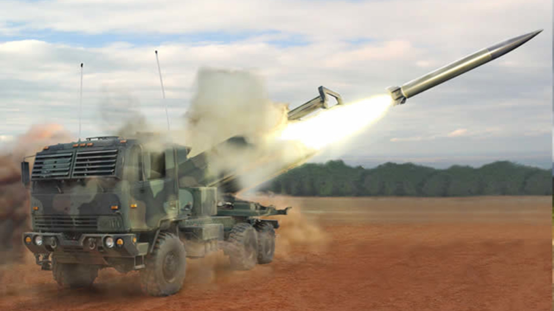 Raytheon’s new DeepStrike missile is deployed from a mobile launcher in this artist’s rendering (Raytheon)