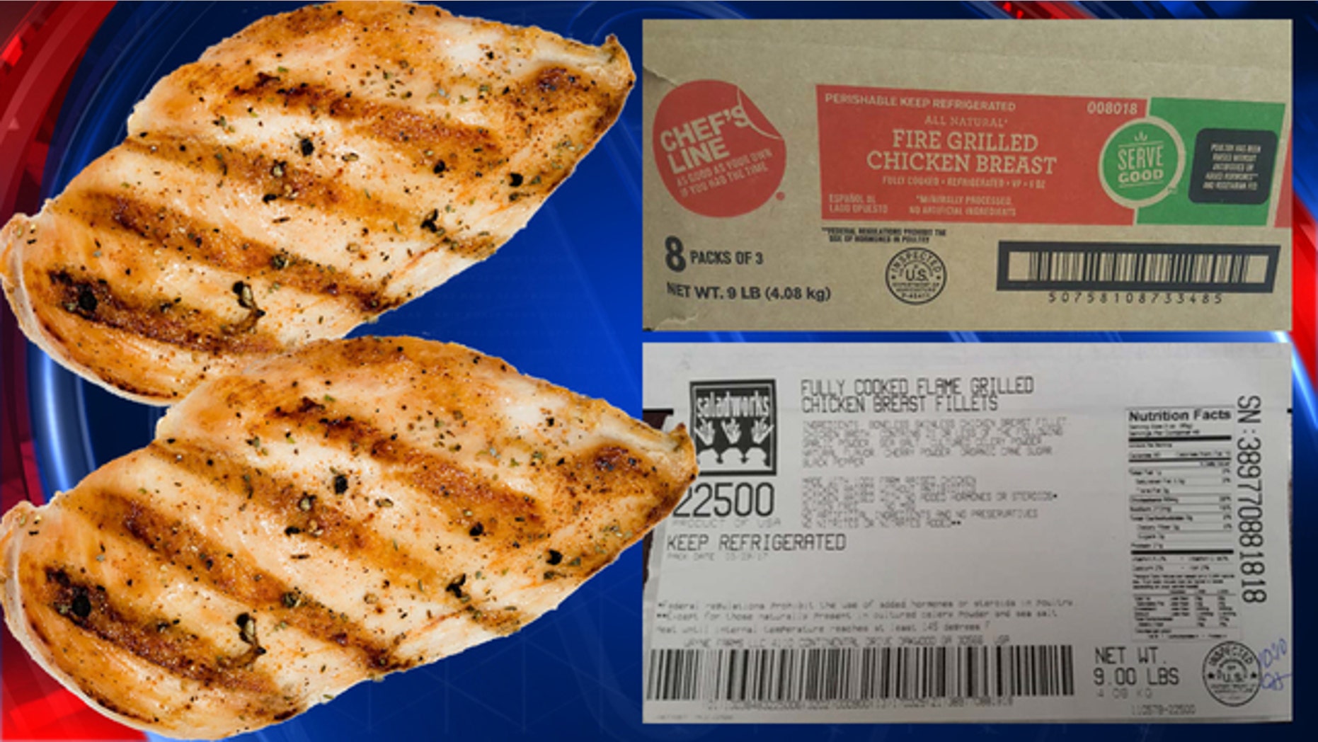 The ready-to-eat grilled chicken breast items were produced on March 29, 2017 and April 7, 2017.