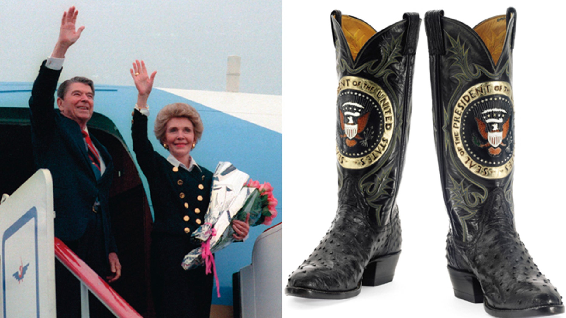 On left, then-President Ronald Reagan and first lady Nancy Reagan, on right a personalized set of cowboy boots.