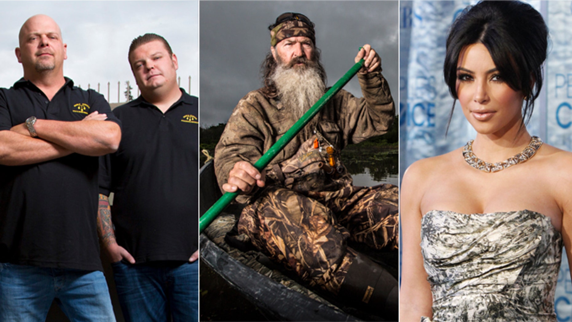 Rick and Corey Harrison of "Pawn Stars," left, Phil Robertson of "Duck Dynasty," center, and Kim Kardashian of "Keeping Up With the Kardashians."
