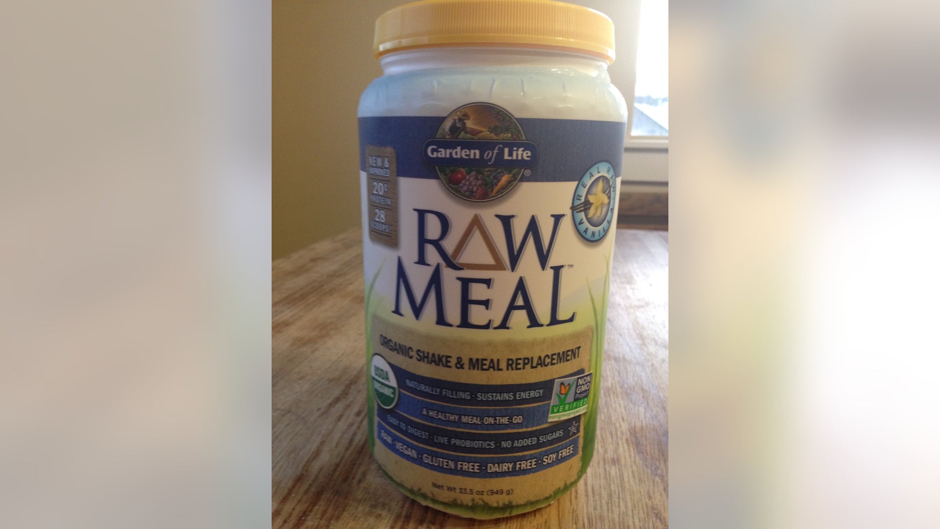 A recalled Garden of Life RAW Meal Organic Shake & Meal product is pictured.