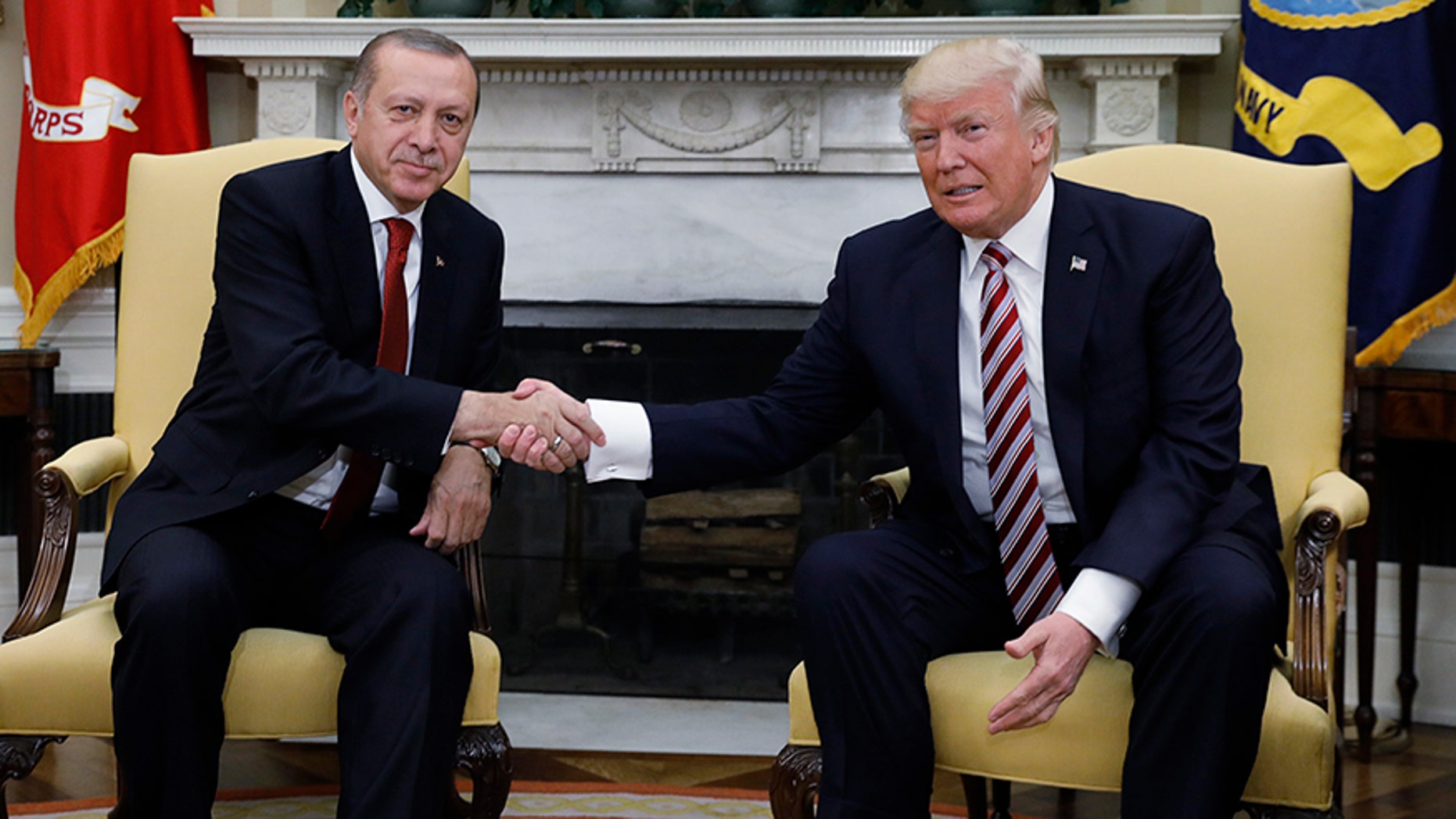 Turkey's President Recep Tayyip Erdogan with U.S President Donald Trump in the Oval Office of the White House, May 16, 2017.
