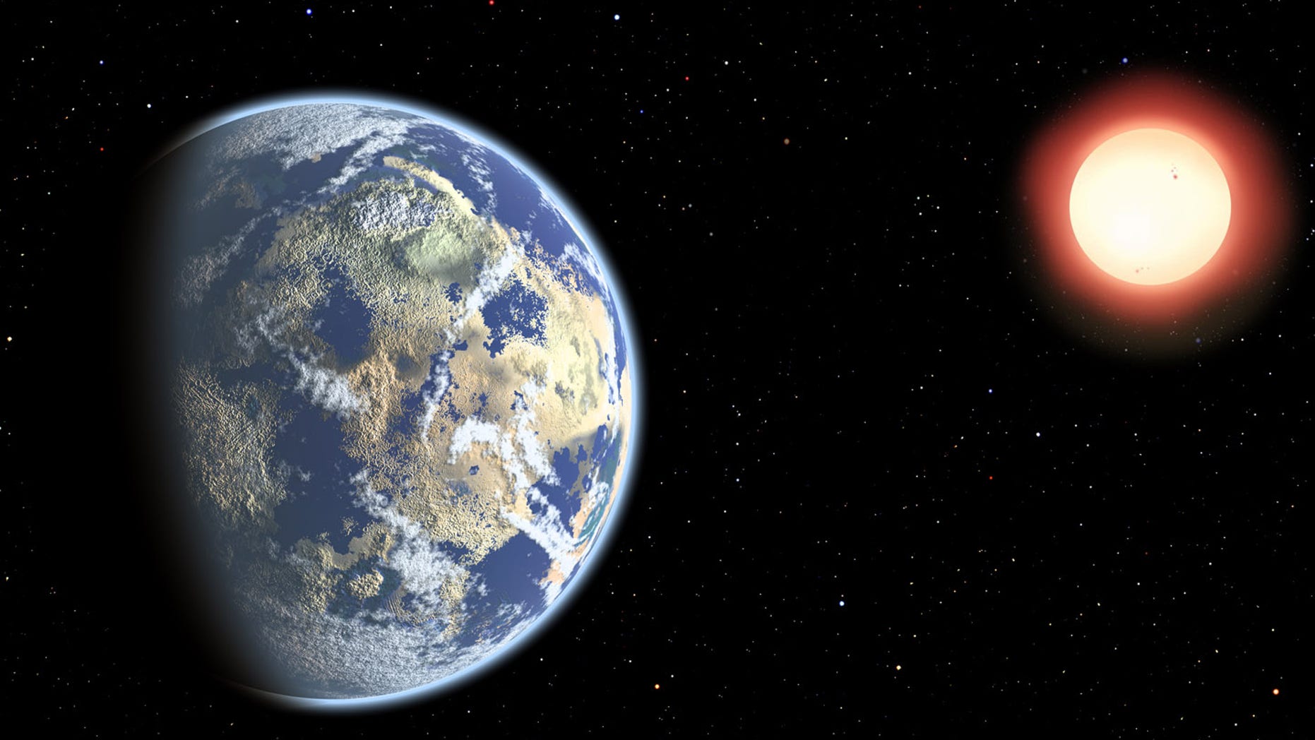 This artist's conception shows a red dwarf star orbited by a pair of habitable planets. Because red dwarf stars live so long, the probability of cosmic life grows over time. As a result, Earthly life might be considered "premature."