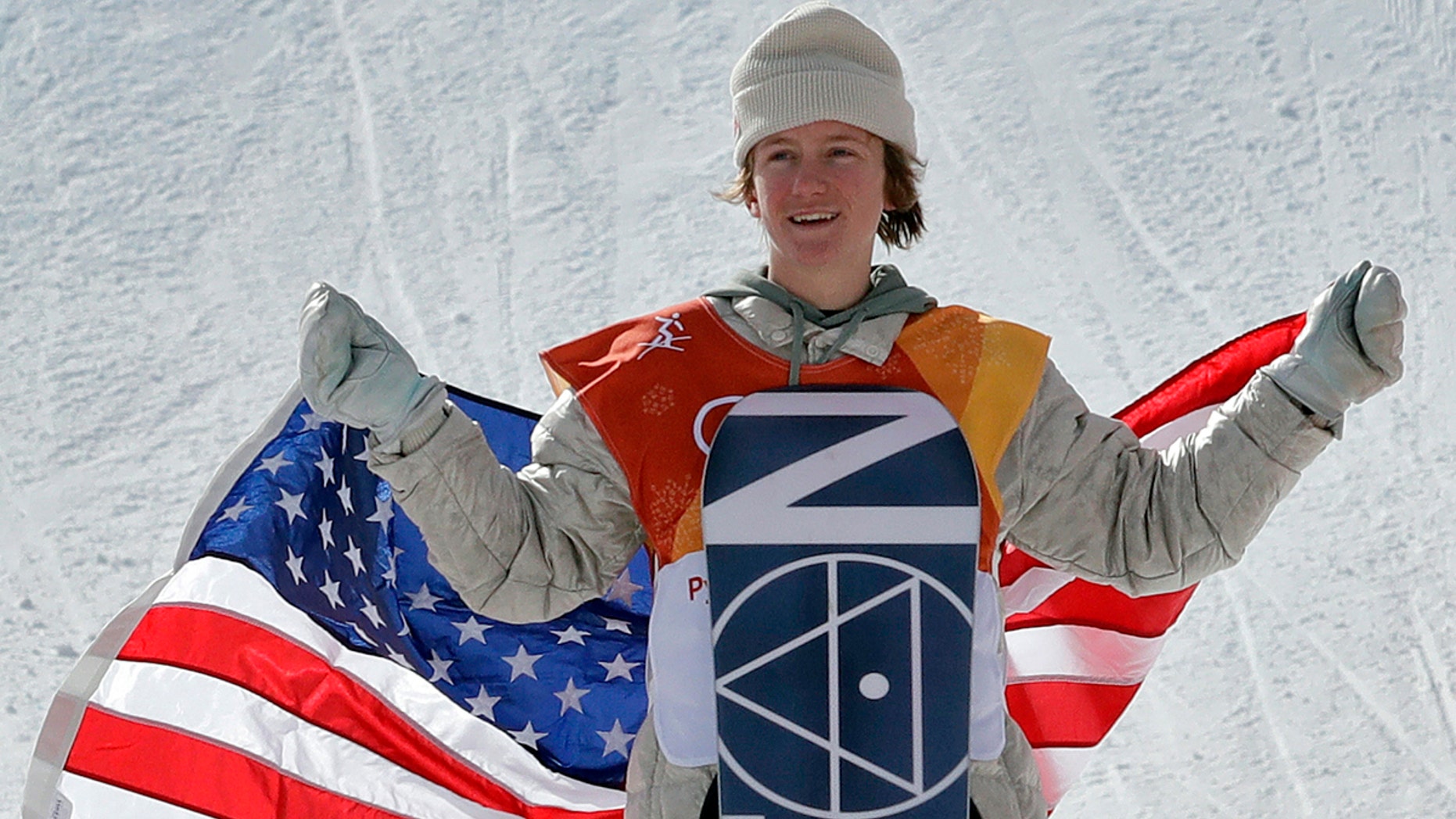 Red Gerard, of the United States, smiles after winning gold in the men's slopestyle final at Phoenix Snow Park at the 2018 Winter Olympics in Pyeongchang, South Korea, Sunday, Feb. 11, 2018.