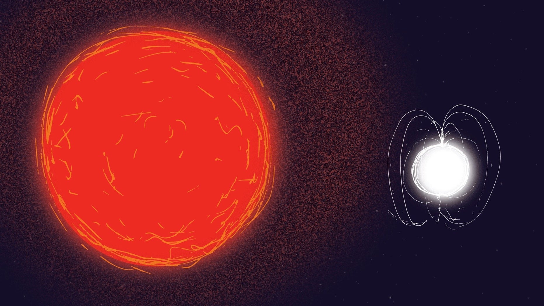 An artist's illustration showing winds from a red-giant star impacting a neutron star to create prolonged X-ray emission. Such a system is rare; no more than 10 are currently known. One was detected "switching on" in X-ray light in August 2017, by the European Space Agency's Integral satellite.