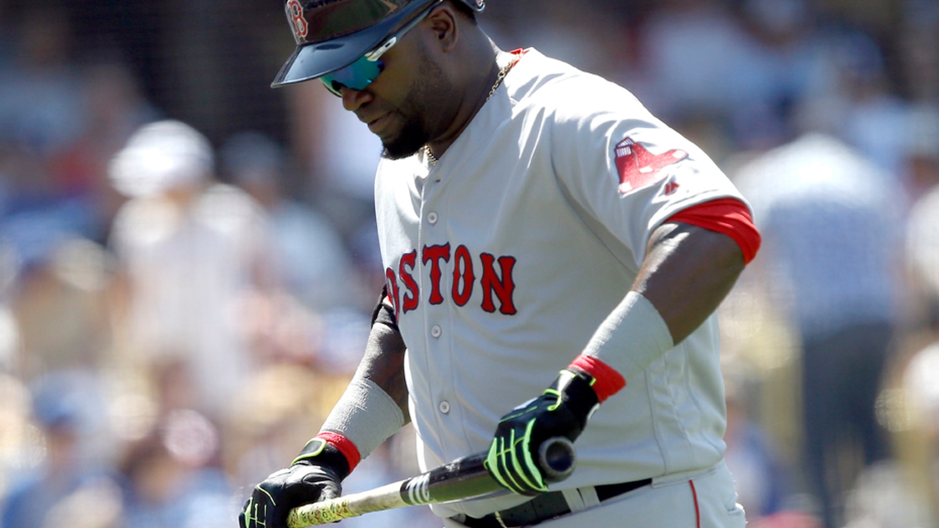Aug. 6, 2016: David Ortiz, right, walks back to the dugout after he strikes out against the Los Angeles Dodgers during the sixth inning of a baseball game in Los Angeles.