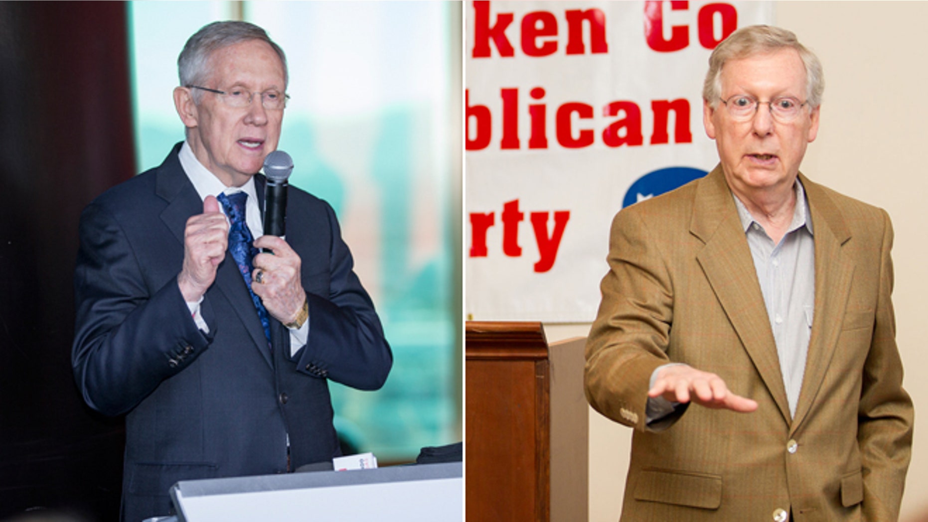 In this Monday, Oct. 27, 2014, Senator Harry Reid speaks before the revealing of the world's largest rooftop solar array in Las Vegas. and U.S. Sen. Mitch McConnell speaks in Paducah, Ky., Wednesday, Oct. 29, 2014.
