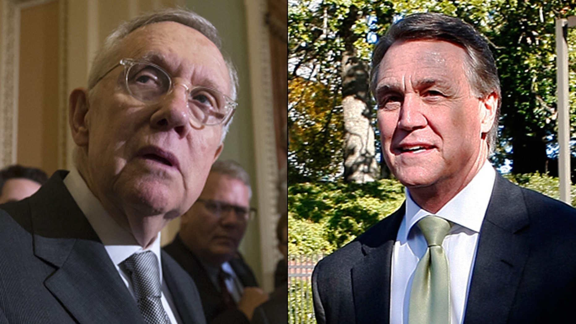 At left, Senate Minority Leader Harry Reid; at right, Sen. David Perdue. (AP/Reuters)