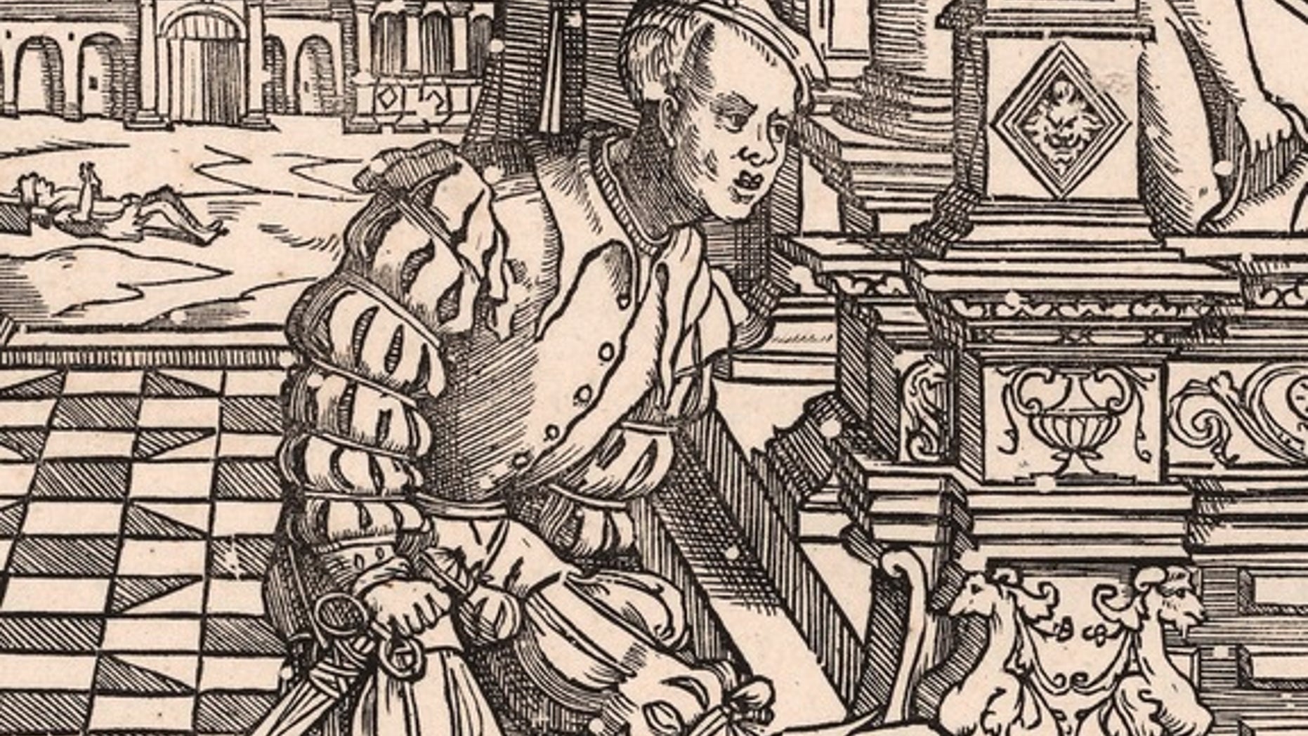The 1541 woodcut "De Rijke Man" (The Rich Man) by Cornelius Anthonisz. White circles reveal where furniture beetles gnawed through the wood block before printing.