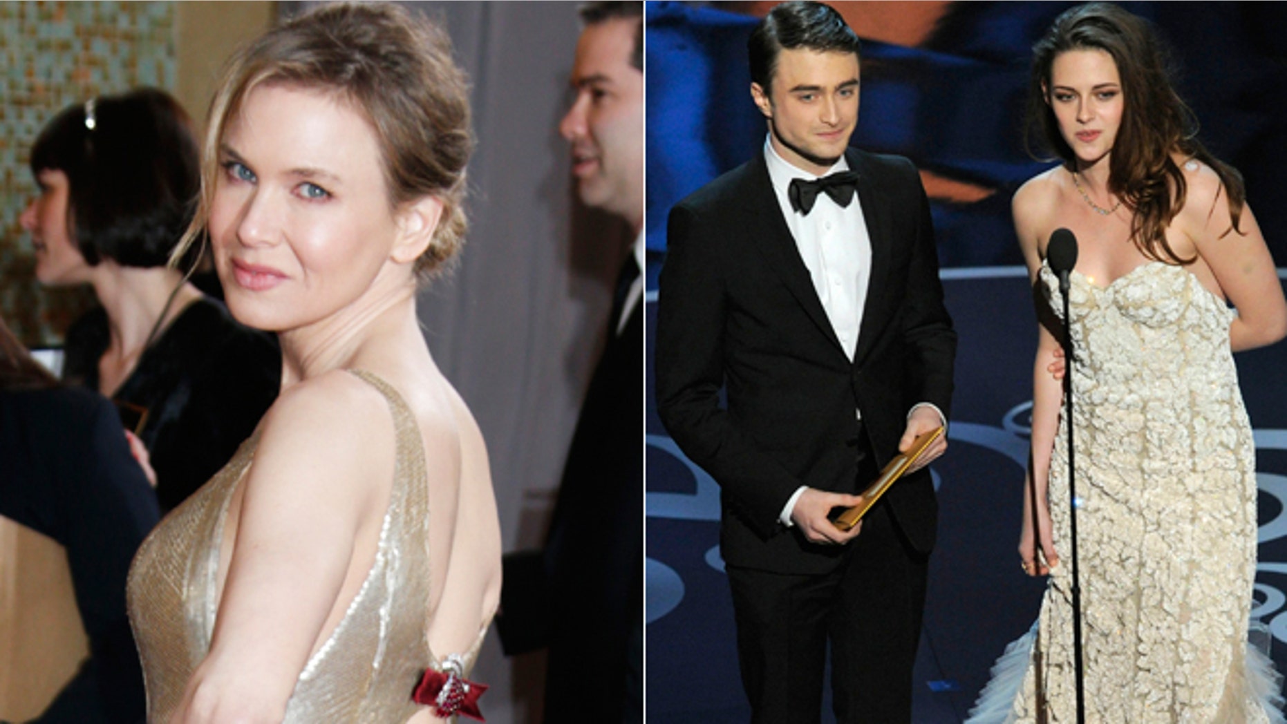 Renee Zellweger, left, and Kristen Stewart, right, attend the Oscars.