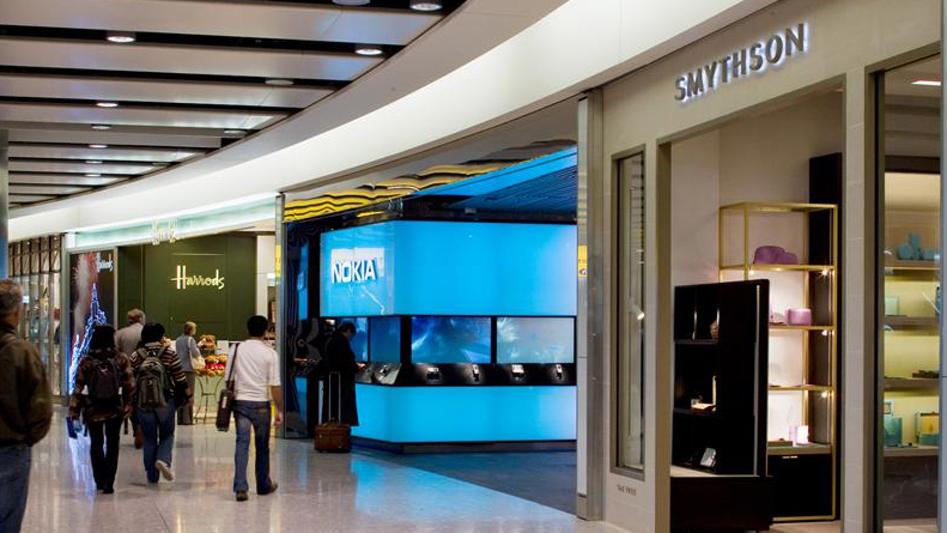 Retail shops in Heathrow Airport's Terminal 5 departure lounge.
