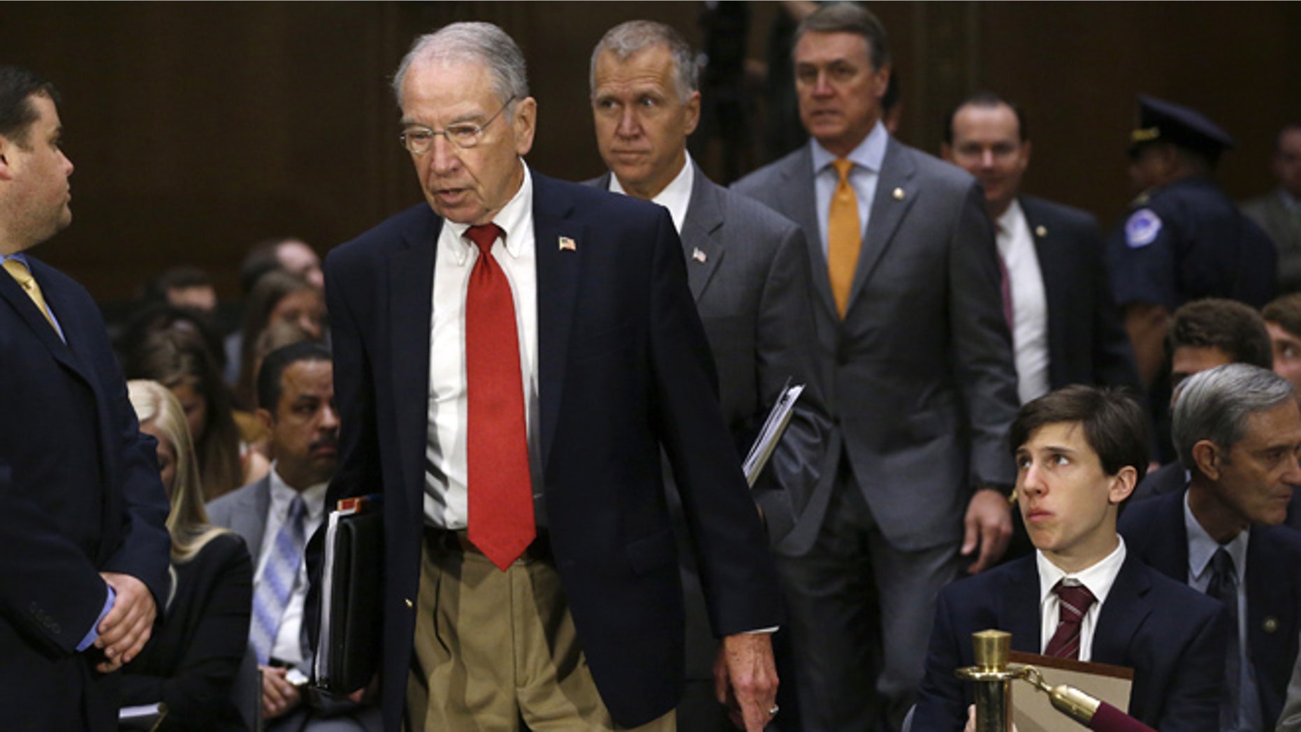 July 21, 2015: U.S. Senate Judiciary Committee Chairman Charles Grassley (R-Iowa) leads Republican members of the committee into a hearing.
