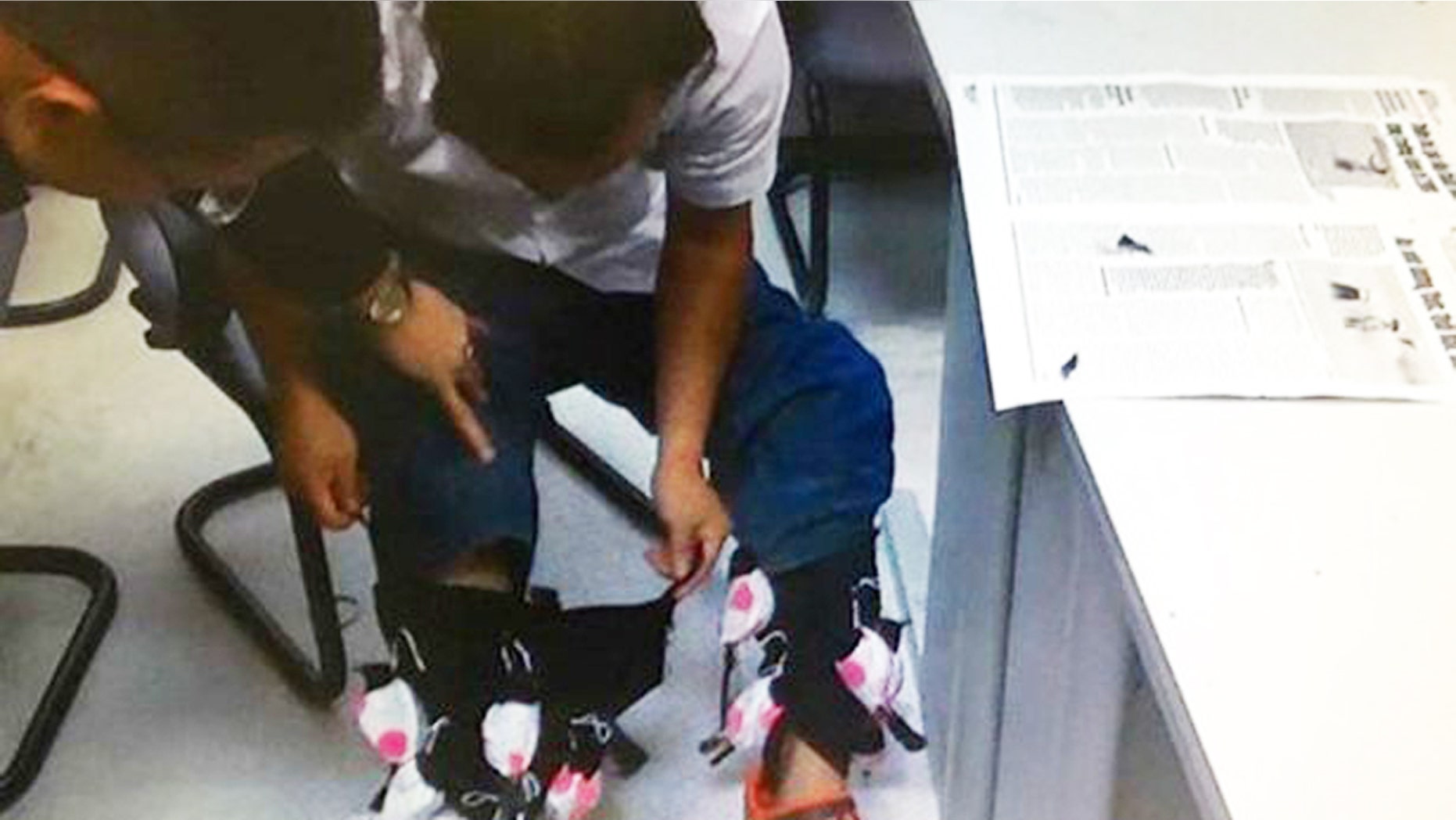 The unidentified passenger rolls up his pant legs to reveal several live animals.