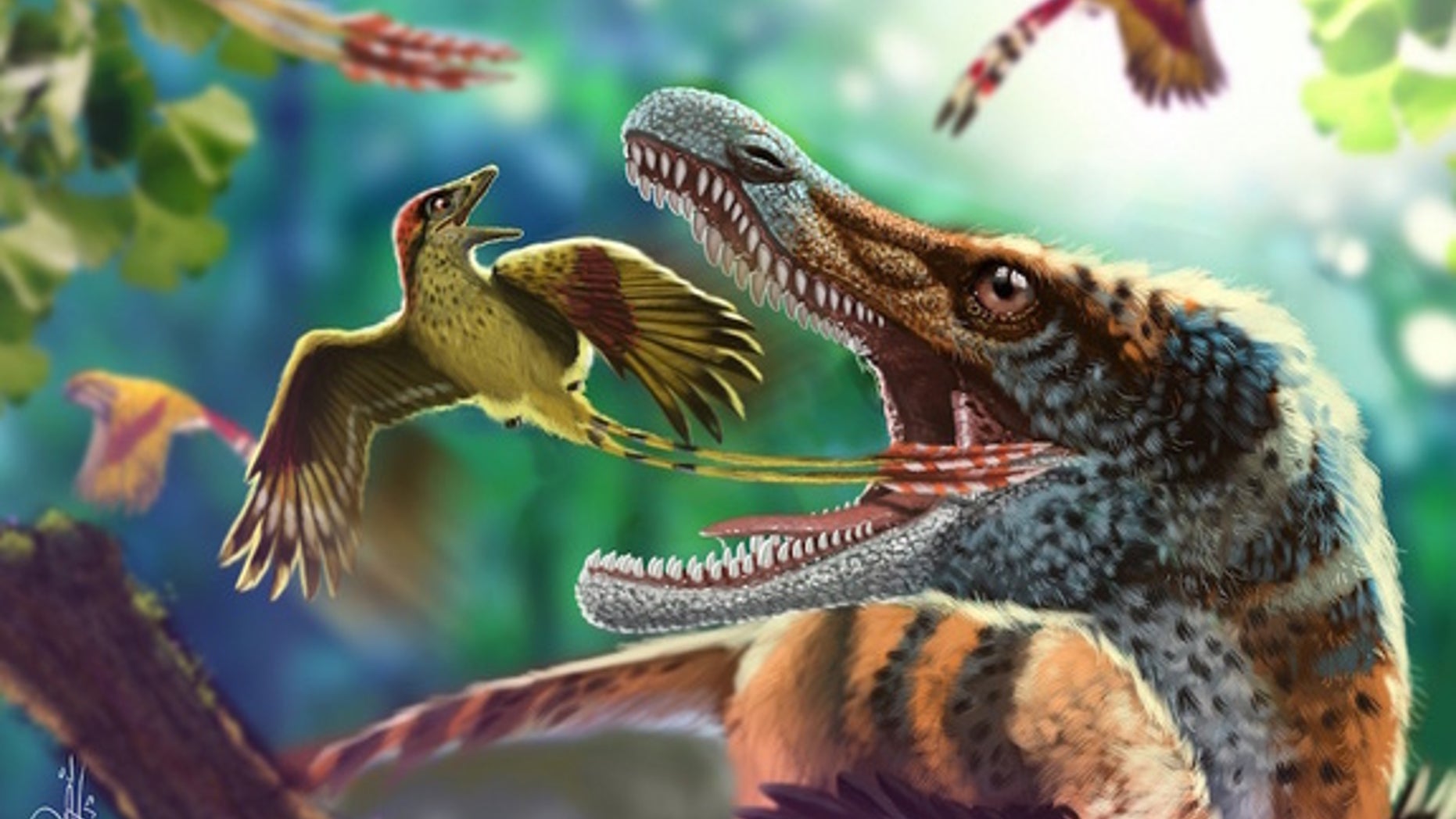 An artist's interpretation of an Enantiornithes escaping the jaws of a toothy predator.