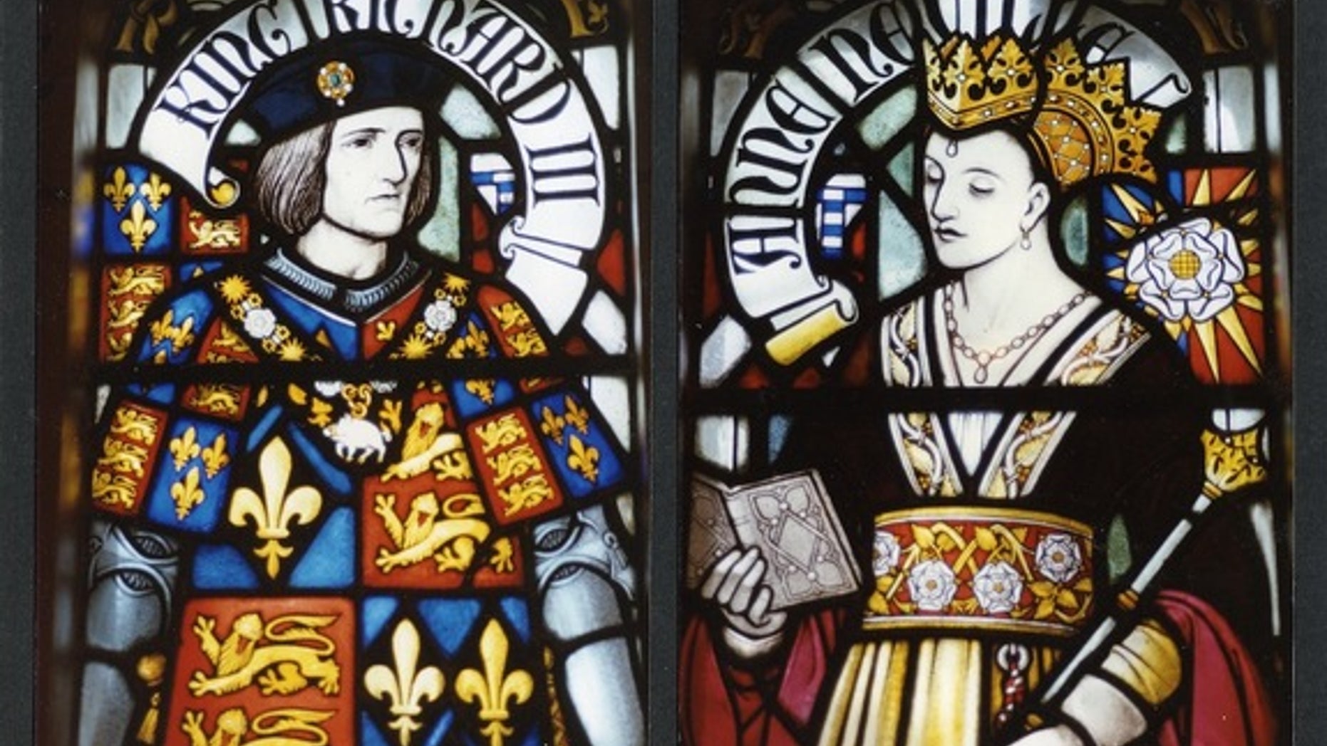 Richard III and his queen, Anne of Neville, appear in a stained glass window in Cardiff Castle.