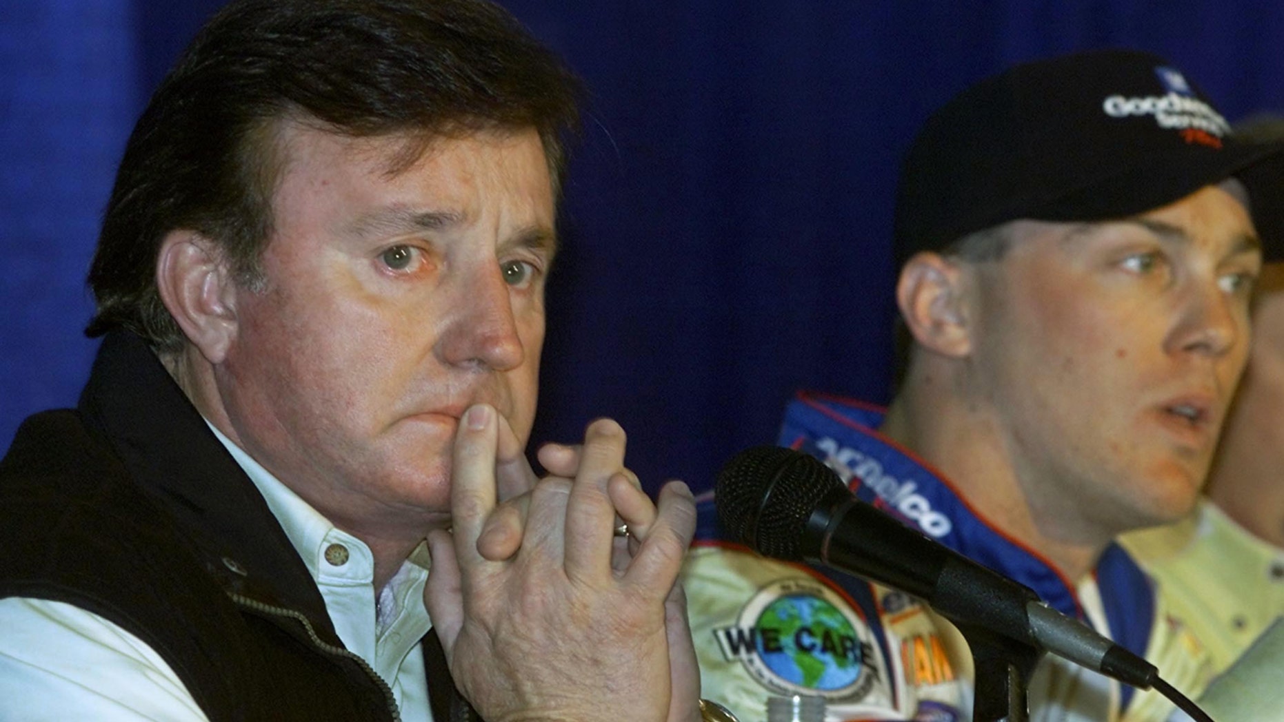 Richard Childress, left, answers questions during a news conference in North Carolina, Feb. 23, 2001. He shot at three intruders at his North Carolina home, authorities said Wednesday.