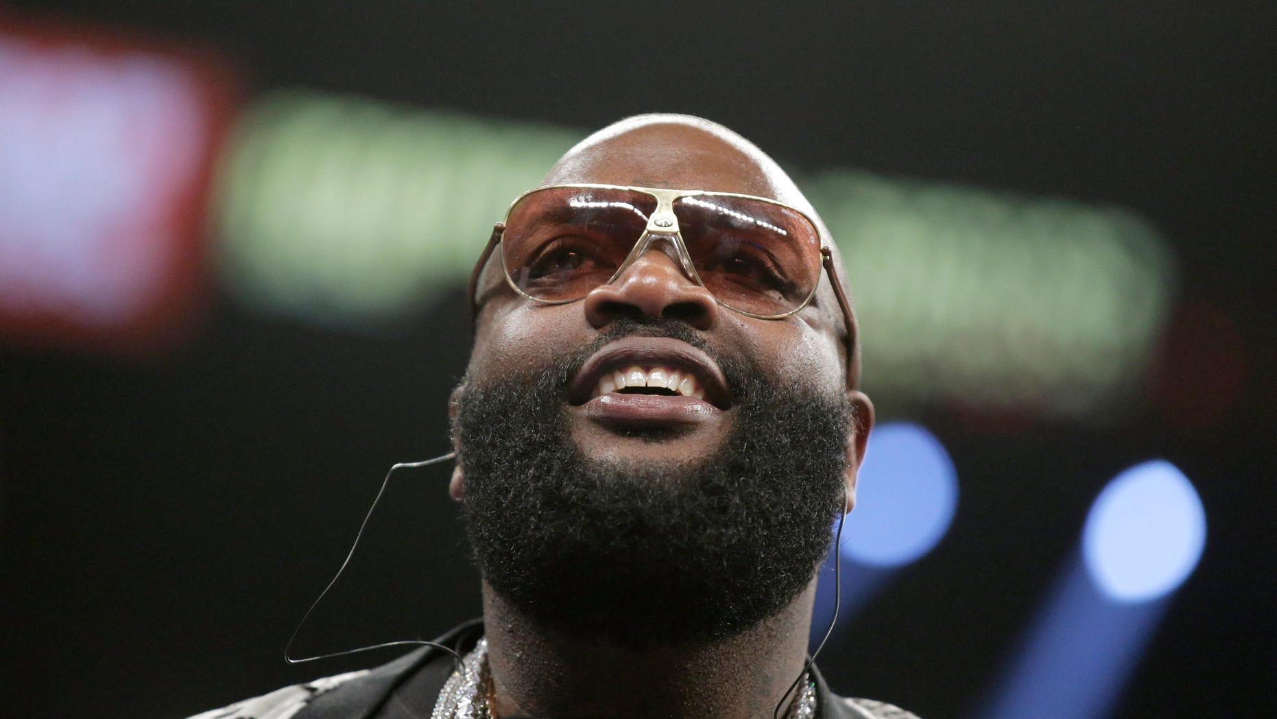 May 3, 2014. Rapper Rick Ross watches the action at the Mayweather-Maidana title boxing fight in Las Vegas.
