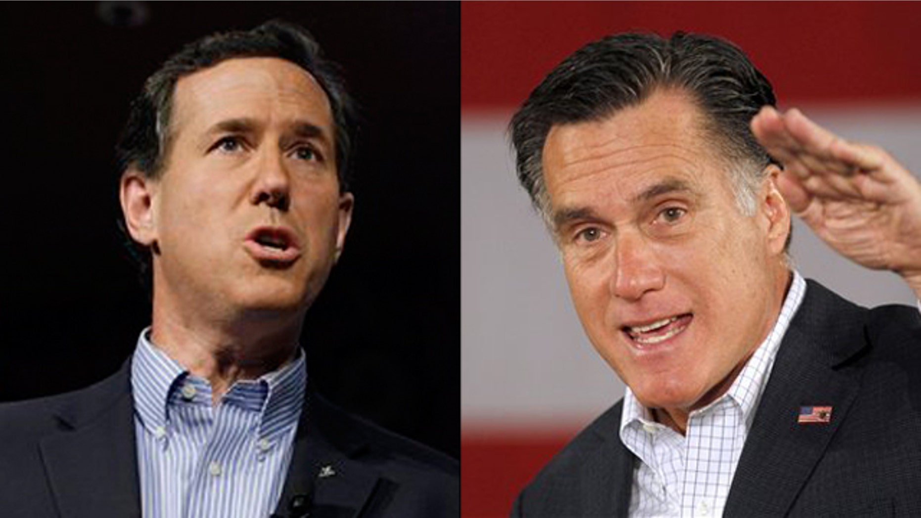 Shown here are Rick Santorum and Mitt Romney.