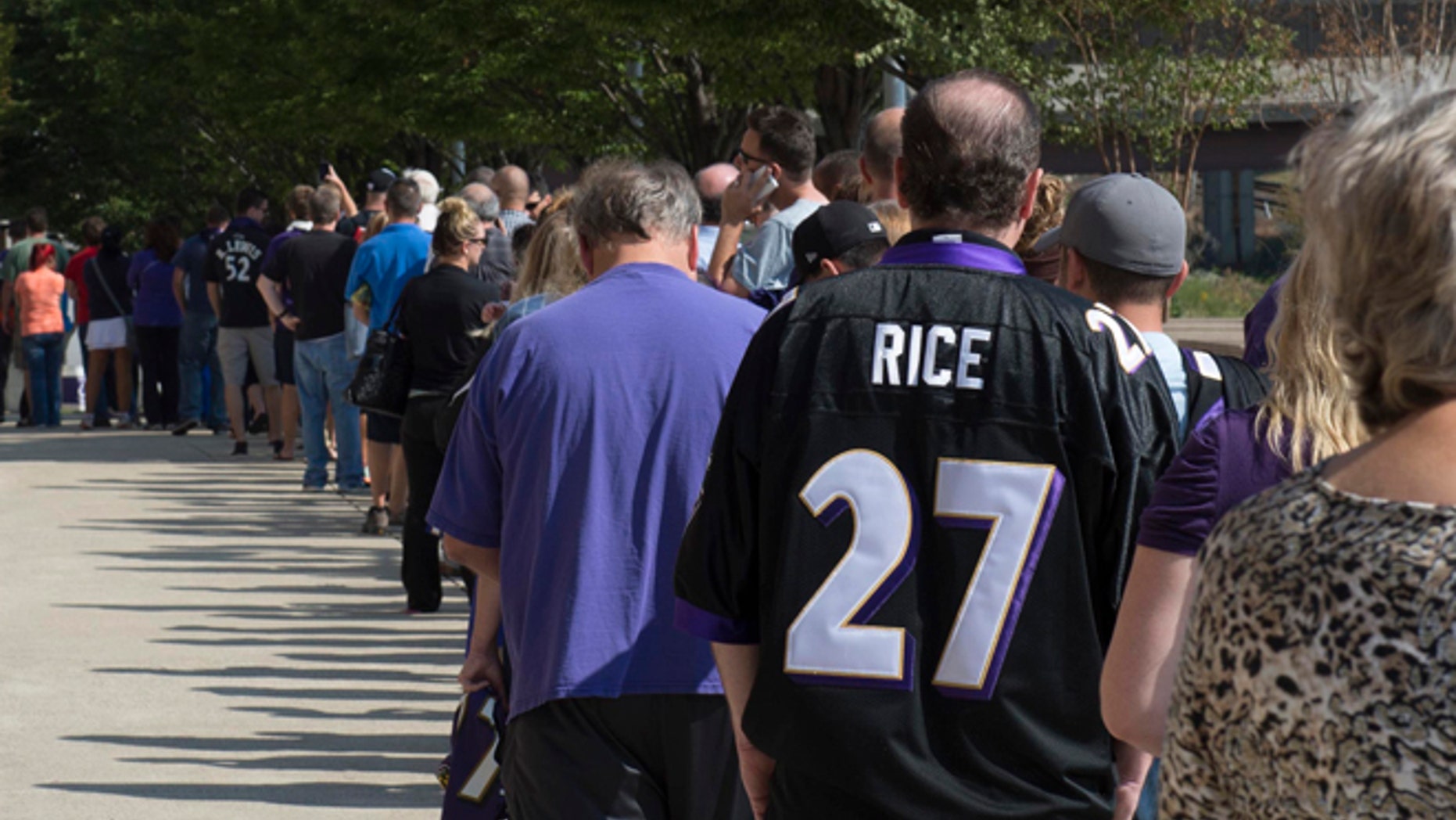 Sep 19: Baltimore Ravens fans wait in line over an hour to exchange their Ray Rice jerseys for new NFL jerseys at M&T Bank Stadium.