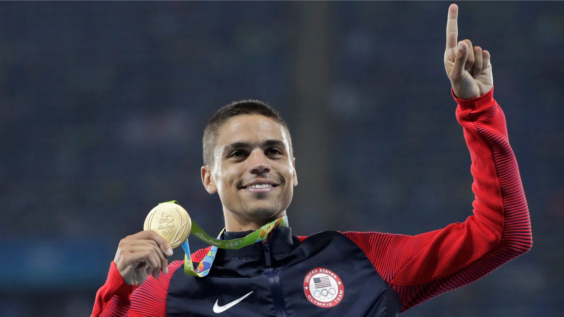 Aug. 20, 2016: United States' Matthew Centrowitz celebrates on the podium after winning the men's 1500-meter final during athletics competitions at the Summer Olympics inside Olympic stadium in Rio de Janeiro, Brazil.