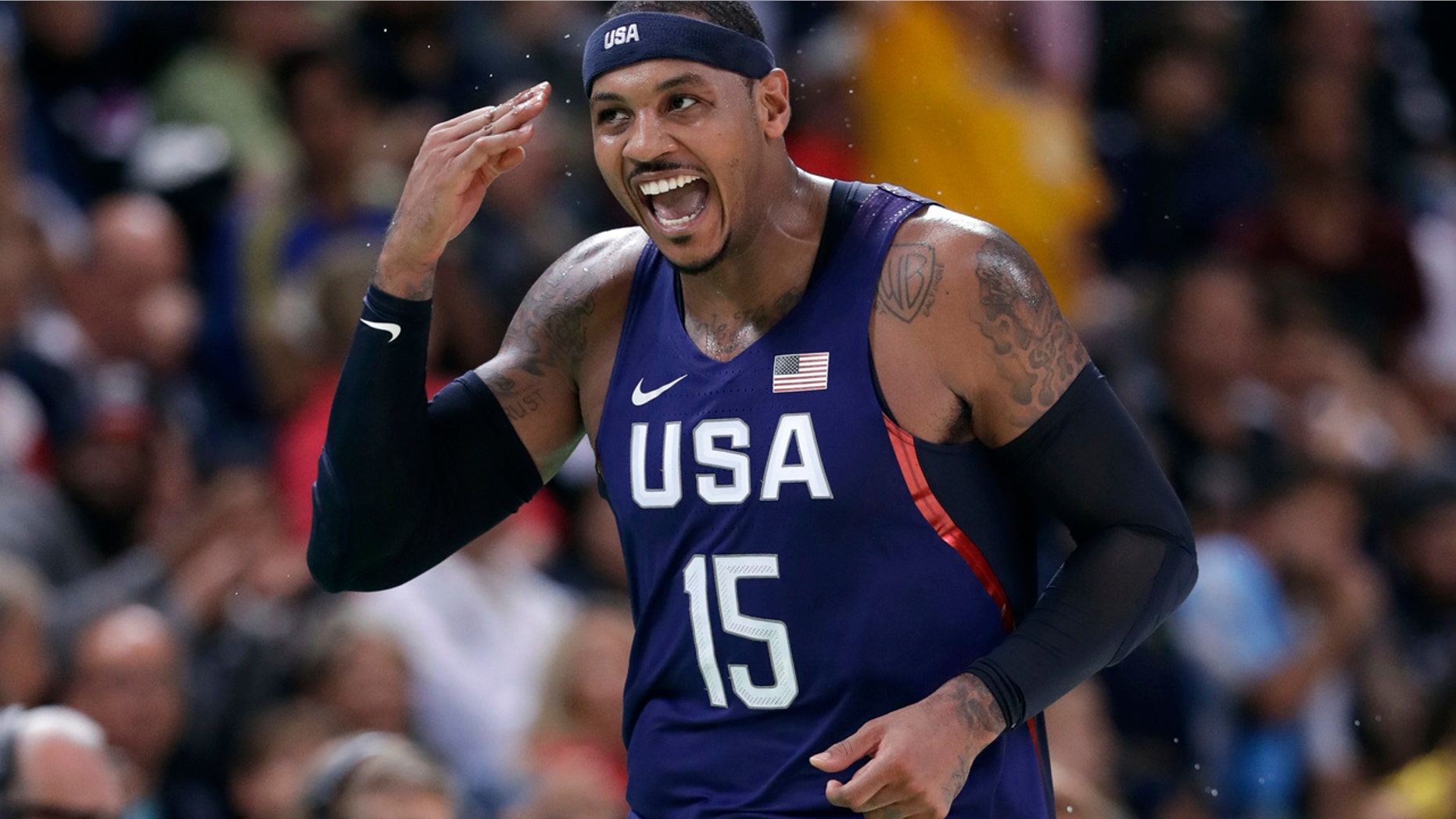 Aug. 10, 2016: United States' Carmelo Anthony (15) celebrates after making a three-point basket during a basketball game against Australia at the 2016 Summer Olympics in Rio de Janeiro, Brazil