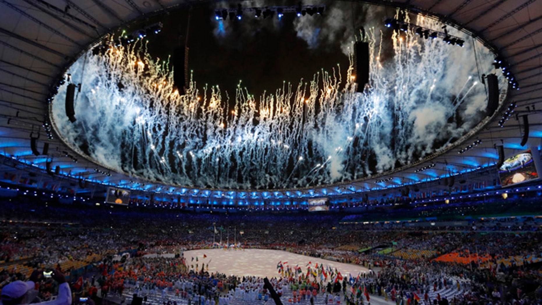Fireworks explode during the closing ceremony for the Summer Olympics at Maracana stadium in Rio de Janeiro, Brazil, Sunday, Aug. 21, 2016.