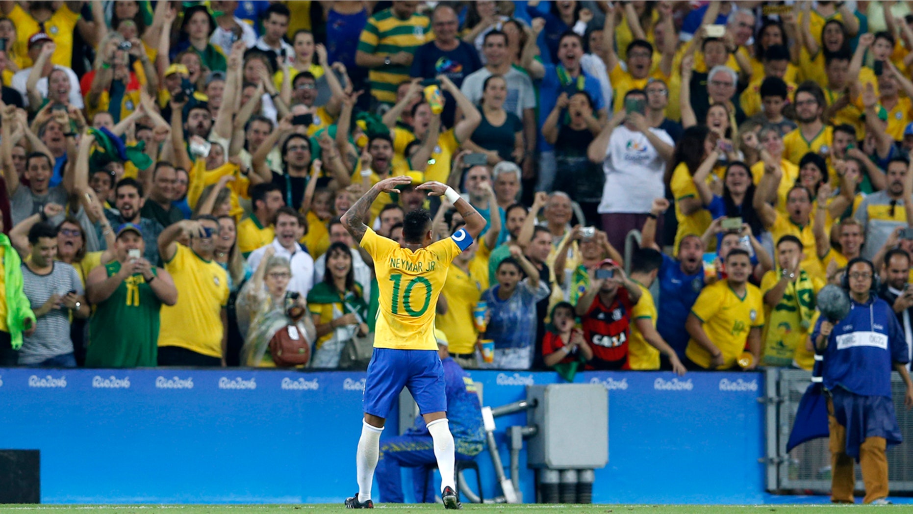 Aug. 20, 2016: Brazil's Neymar celebrates scoring his side's first goal during the final of the men's Olympic football tournament between Germany and Brazil at Maracana stadium in Rio de Janeiro, Brazil.