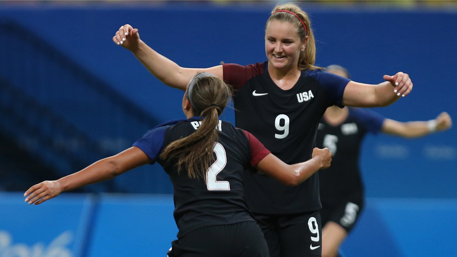 Aug. 9, 2016: United States' Mallory Pugh, left, is congratulated after scoring her side's 2nd goal by teammate Lindsey Horan during a group G match of the women's Olympic football tournament between Colombia and United States at the Arena Amazonia stadium in Manaus, Brazil.