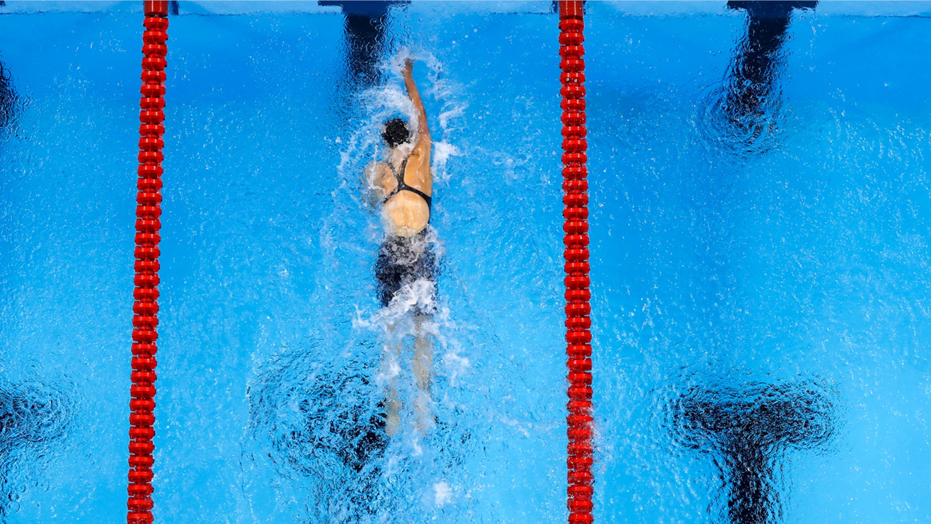 Aug. 12, 2016: United States' Katie Ledecky heads to the wall for a world record in the 800 meter freestyle finals during the swimming competitions at the 2016 Summer Olympics in Rio de Janeiro, Brazil.