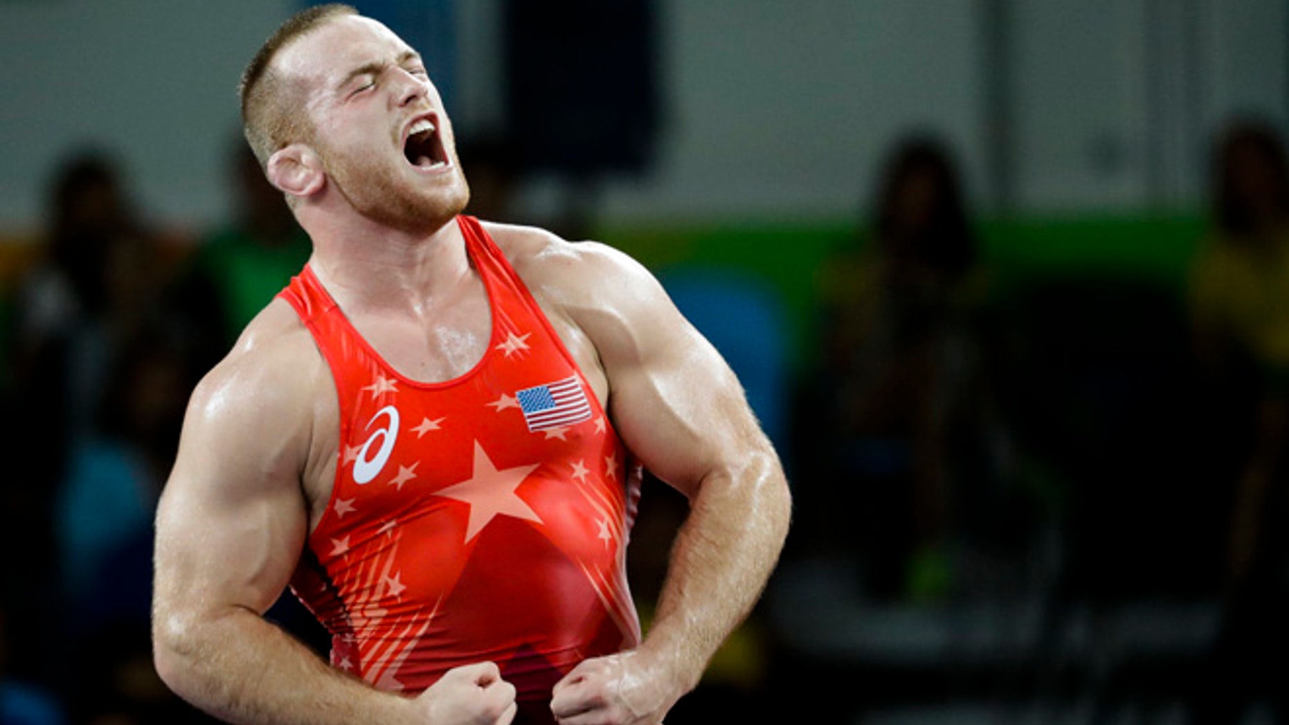 United States' Kyle Frederick Snyder reacts after defeating Georgia's Elizbar Odikadze during the men's 97-kg freestyle wrestling competition at the 2016 Summer Olympics in Rio de Janeiro, Brazil, Sunday, Aug. 21, 2016.