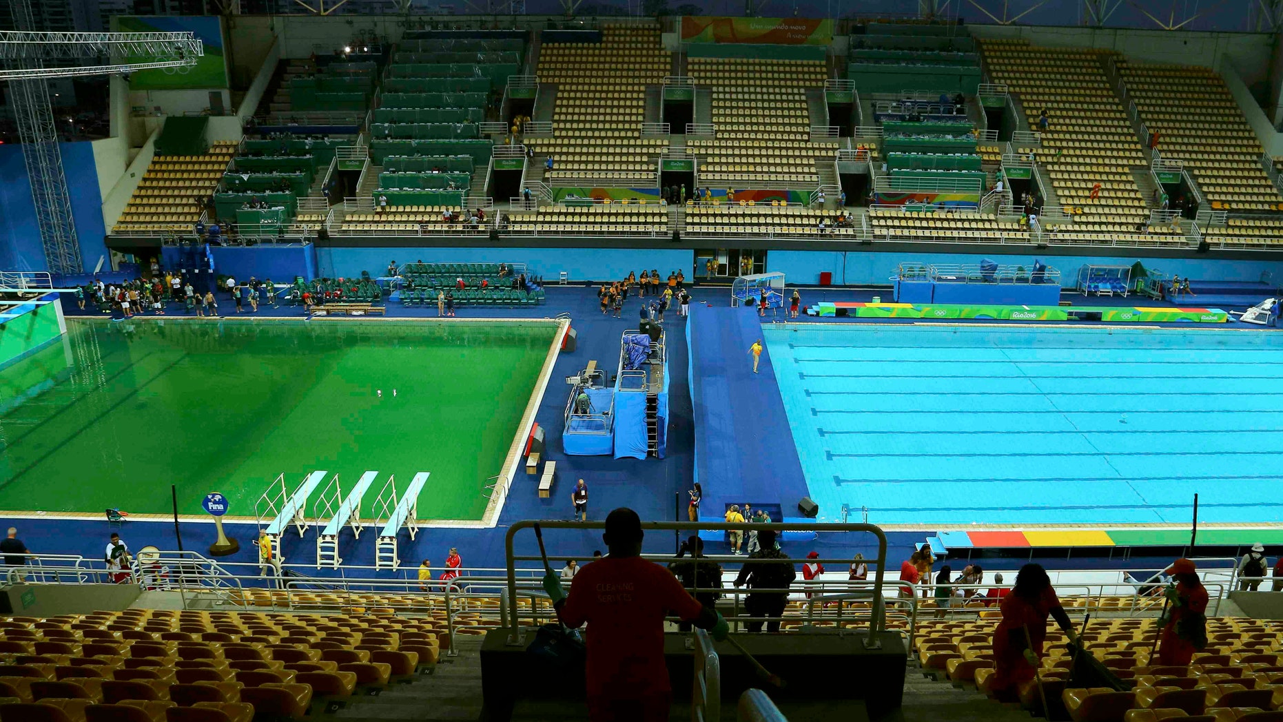 Maria Lenk Aquatics Centre - Rio de Janeiro, Brazil - 09/08/2016. General view of the Olympic diving pool (L) and the pool for the waterpolo and synchronized swimming (R). (REUTERS/Antonio Bronic)