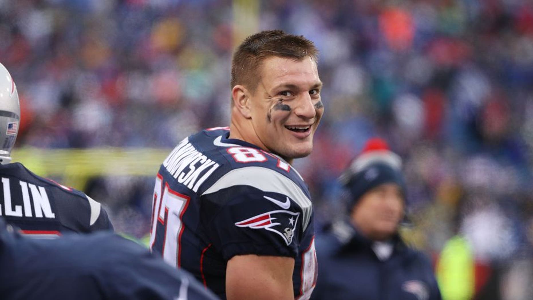 BUFFALO, NY - OCTOBER 30: Rob Gronkowski #87 of the New England Patriots watches from the sidelines in a game against the Buffalo Bills at New Era Field on October 30, 2016 in Buffalo, New York. (Photo by Tom Szczerbowski/Getty Images)